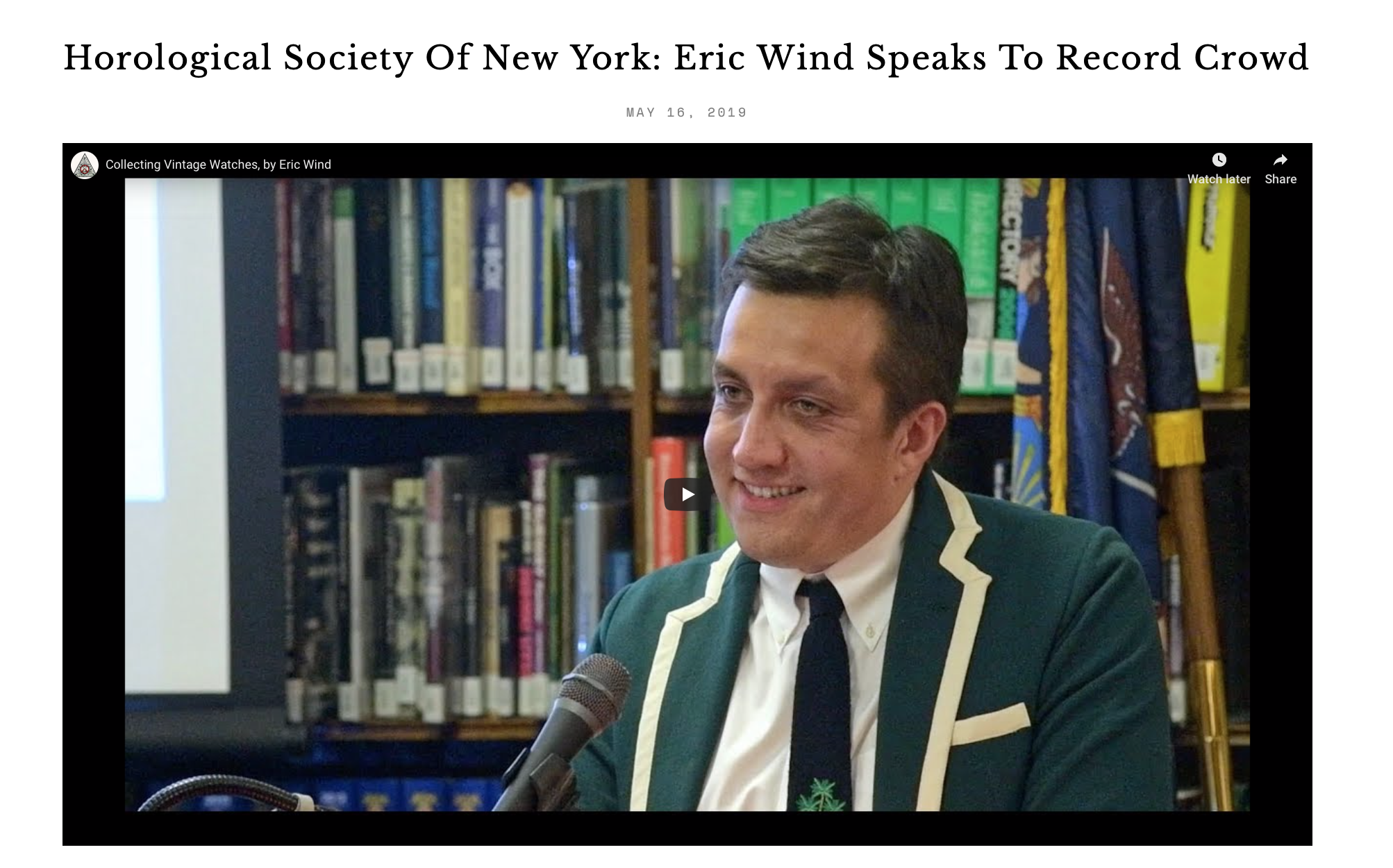 Horological Society of New York: Eric Wind Speaks to Record Crowd