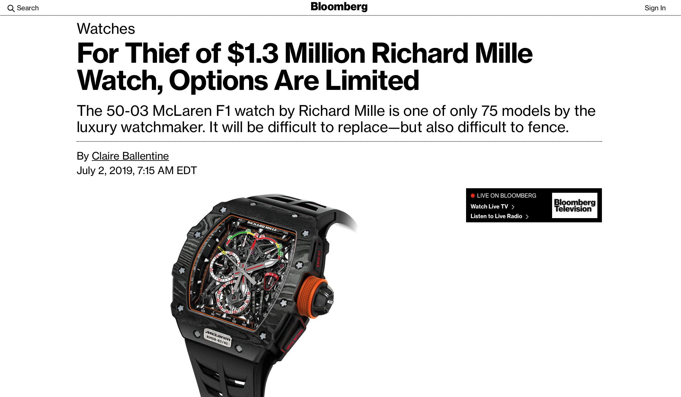 Bloomberg: Eric Wind on a Stolen $1.3 Million Richard Mille in Ibiza