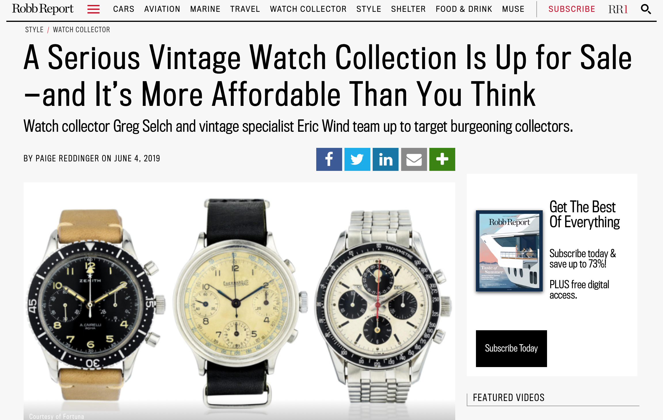 Robb Report: Eric Wind on a Collection of Exciting Vintage Watches at Auction