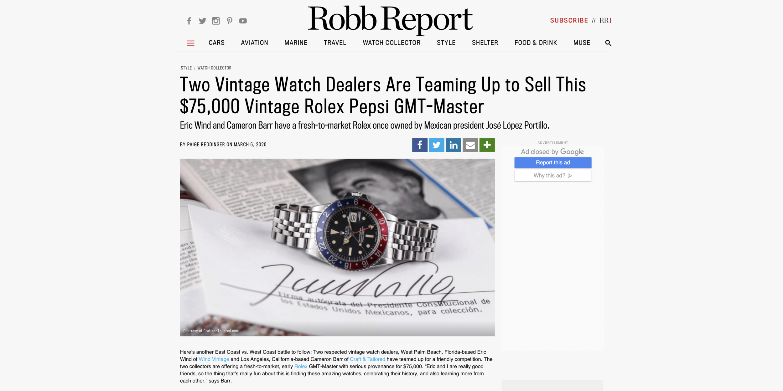 Robb Report: Featuring Wind Vintage's Rolex GMT-Master owned by President López Portillo of Mexico