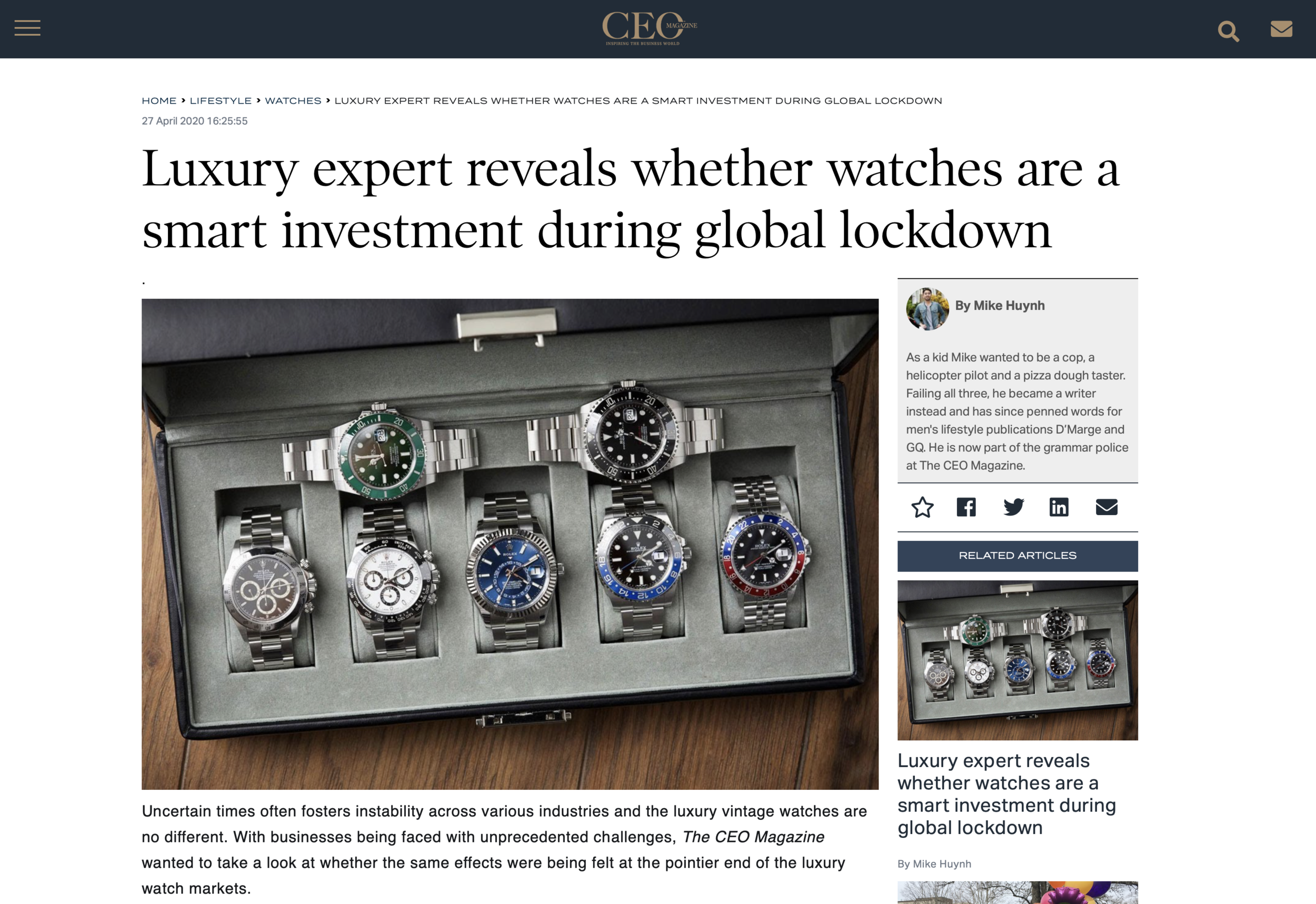 The CEO Magazine: Eric Wind on Watches During the Global Lockdown