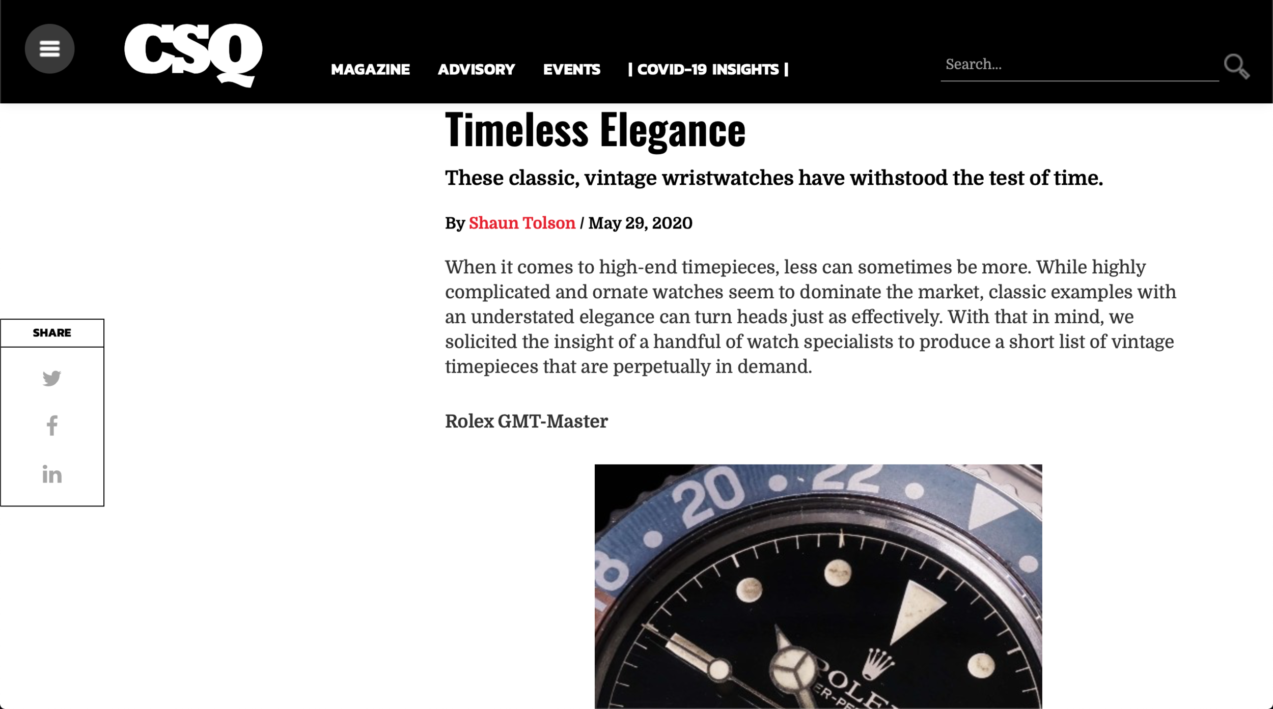 CSQ: Eric Wind is Quoted Regarding Classic Vintage Watches