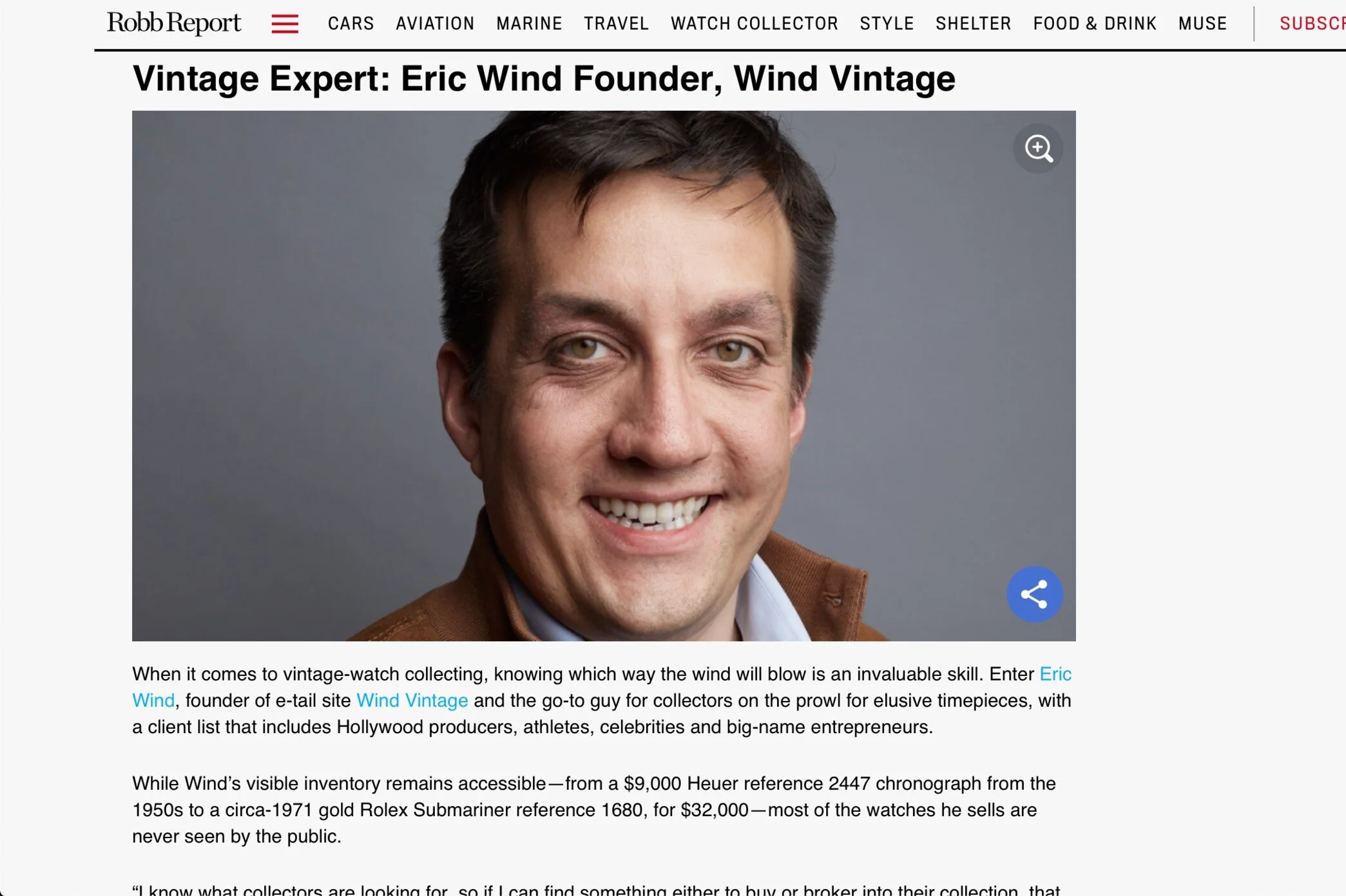 Robb Report: Eric Wind Featured As Top Vintage Watch Expert For 2020