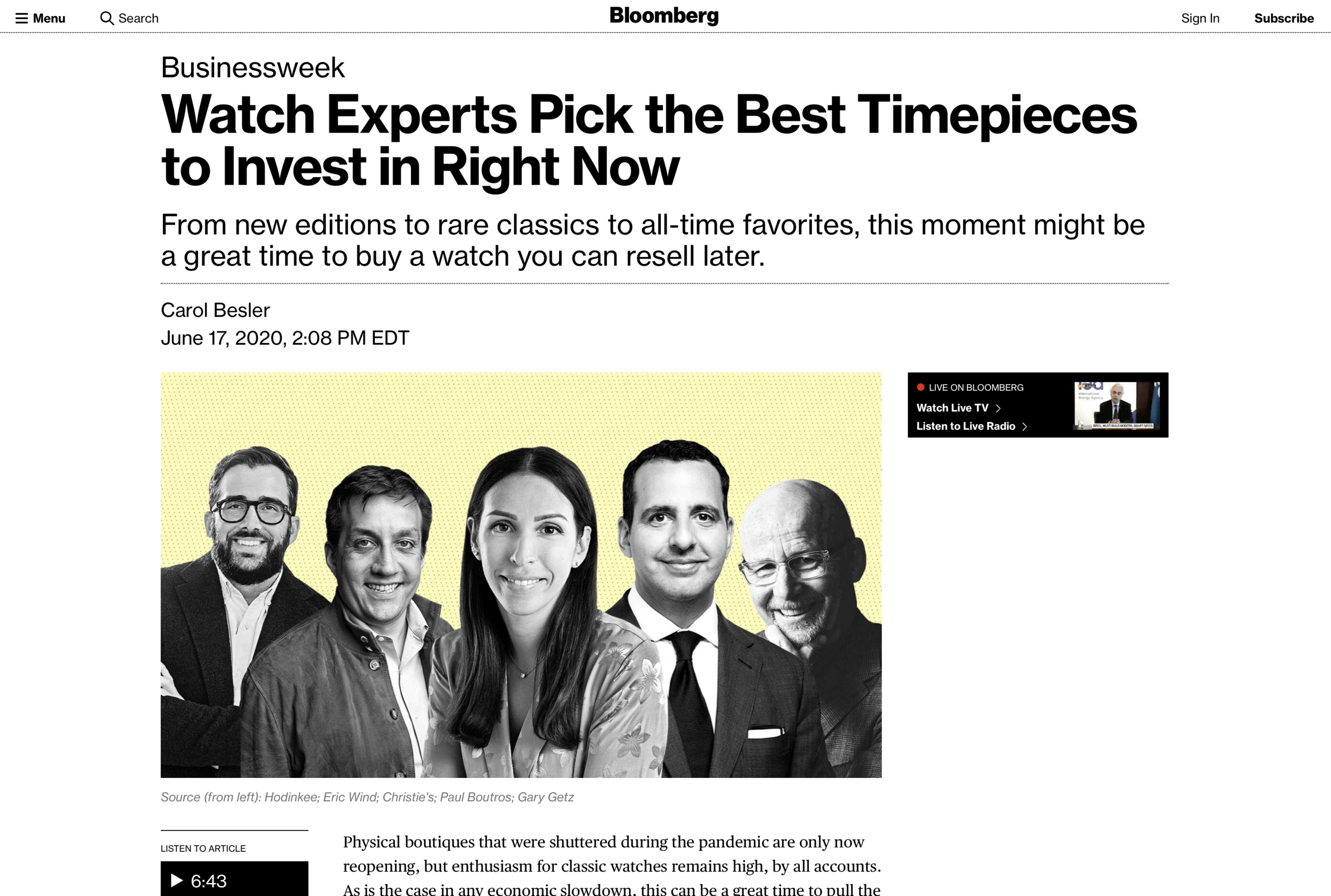 Bloomberg: Eric Wind is Featured Regarding the Best Watches for Investment