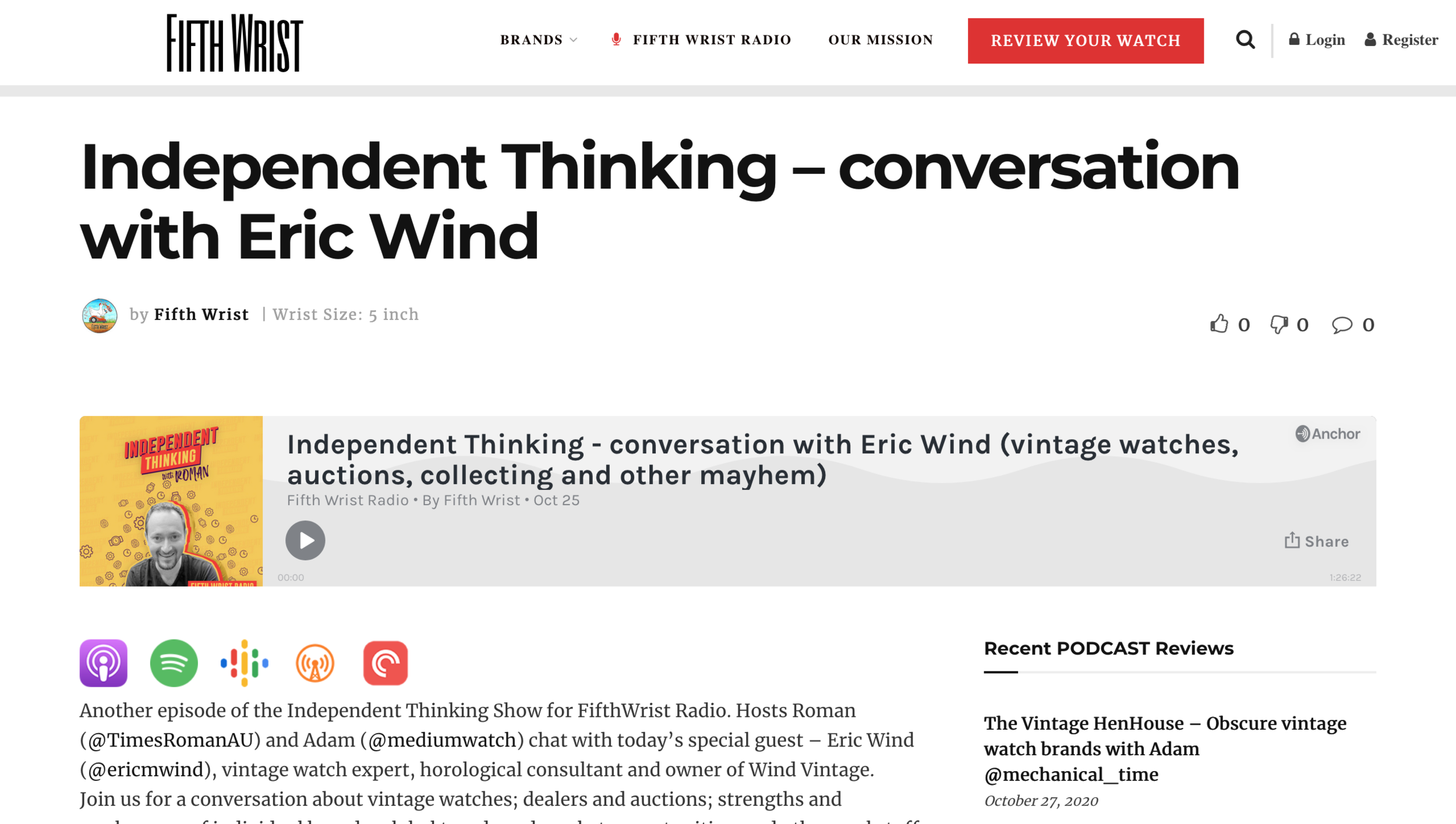Fifth Wrist Radio: Eric Wind Interviewed On Independent Thinking Podcast
