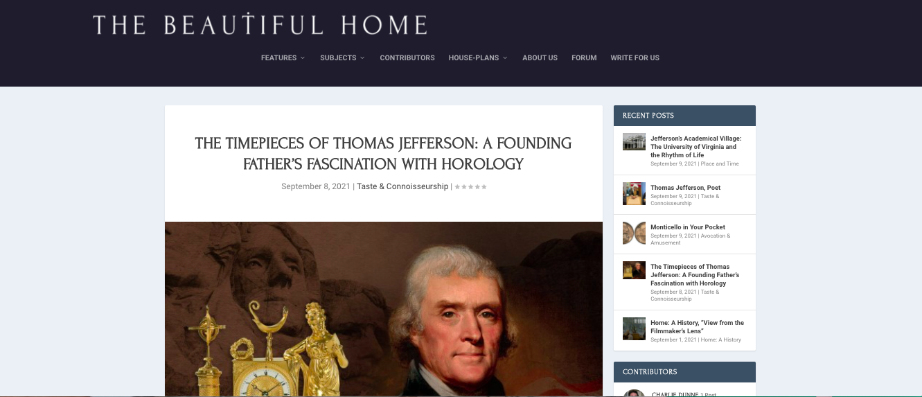 The Beautiful Home: Eric Wind Writes About Thomas Jefferson’s Timepieces
