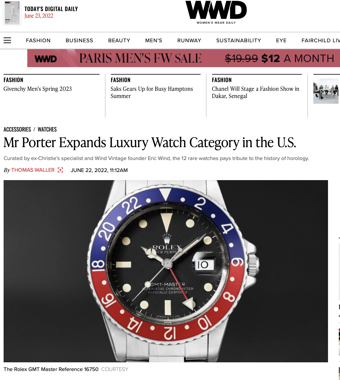 Women's Wear Daily: Wind Vintage Watch Curation for Mr Porter