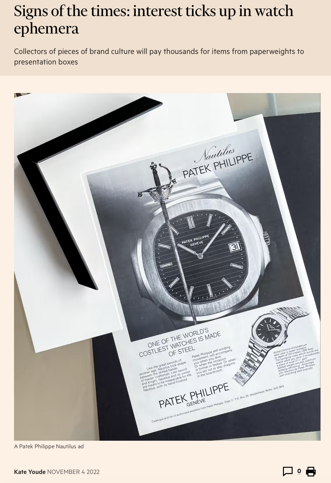 Financial Times : Eric Wind Quoted on Watch Ephemera