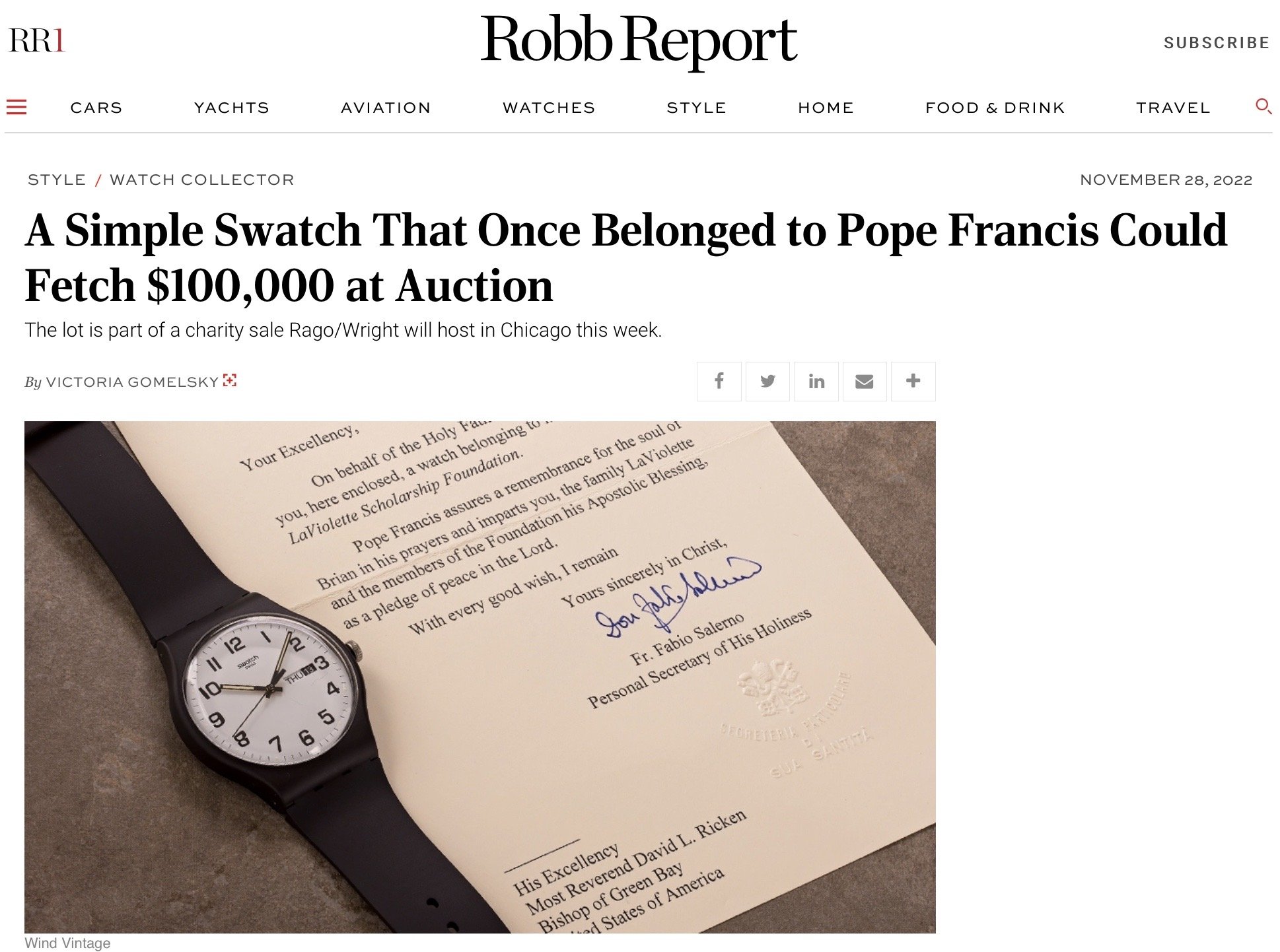 Robb Report: Eric Wind Quoted on The Once Upon a Time Watch Project