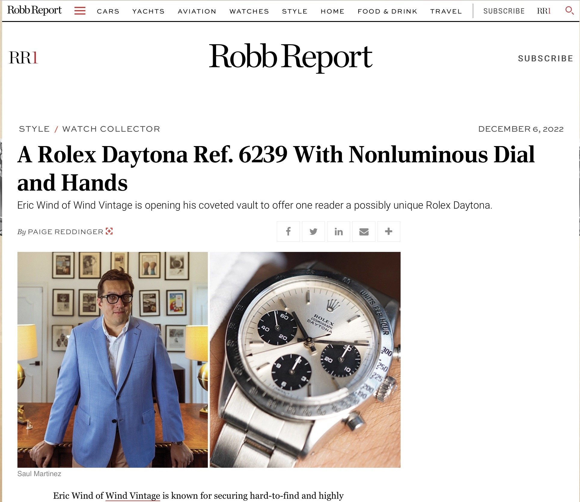 Robb Report: A Rolex Daytona Ref. 6239 With Nonluminous Dial and Hands