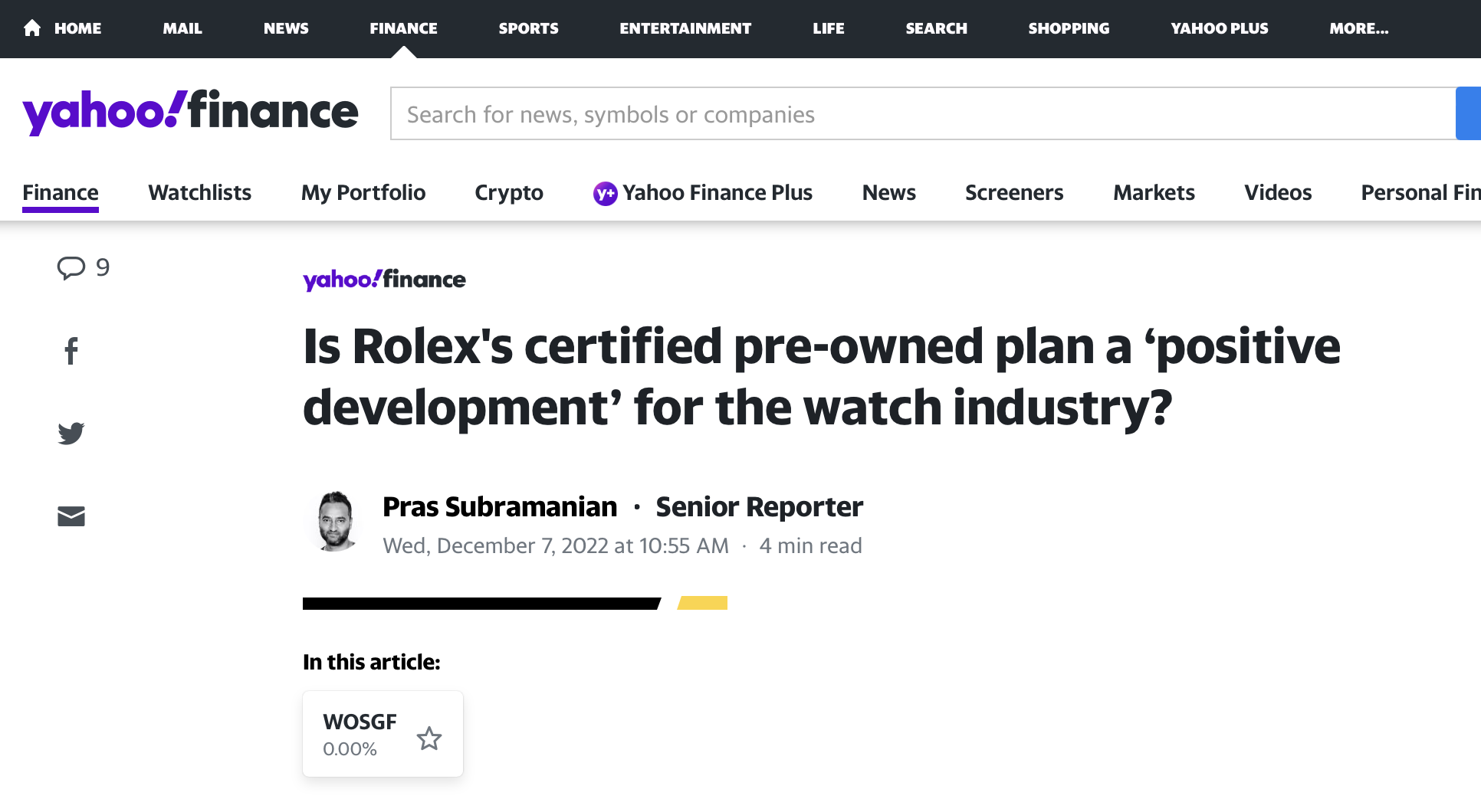 Yahoo Finance: Eric Wind Quoted on Rolex Certified Pre-Owned Program