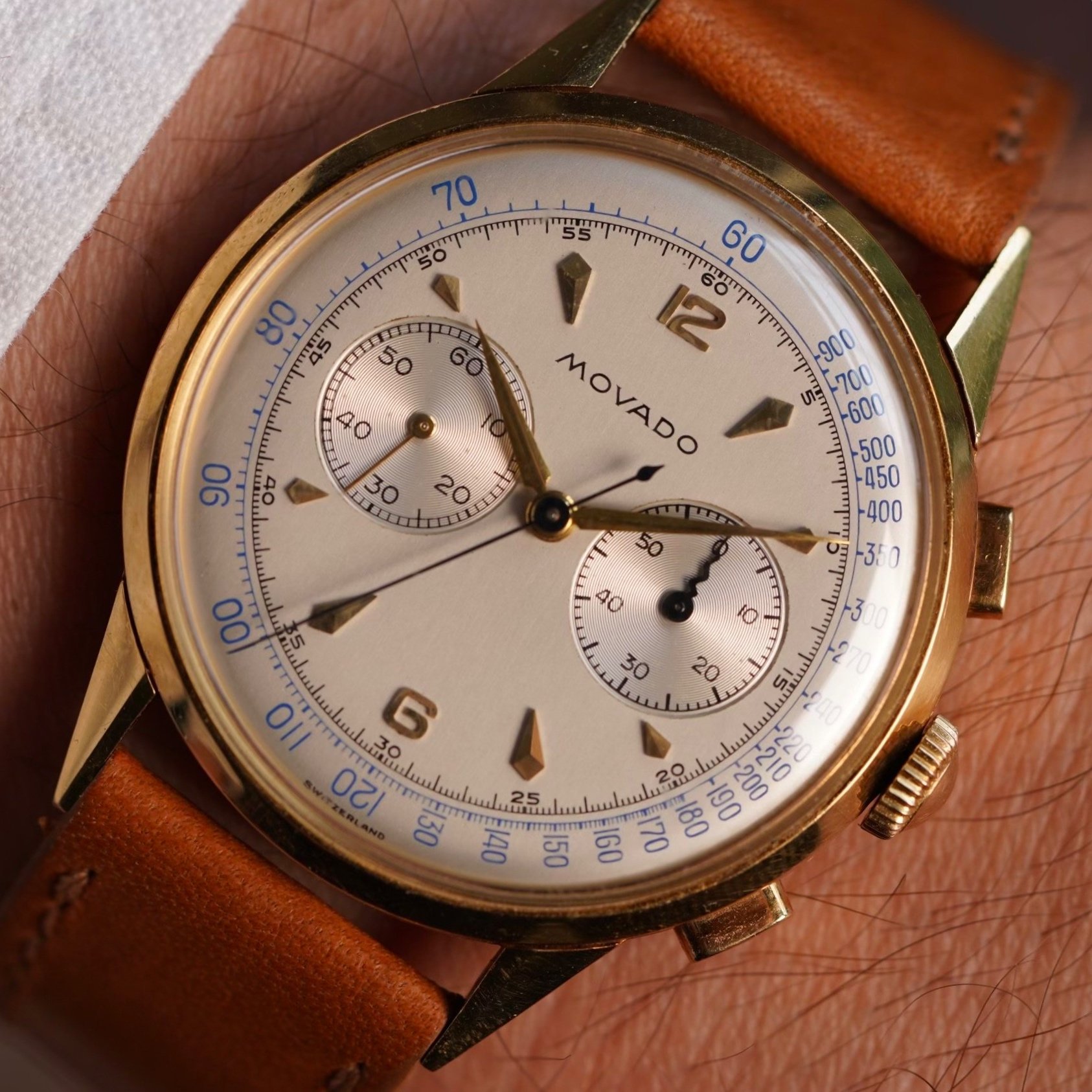 Movado M90 Chronograph Reference R9026 In 18K Gold Unpolished