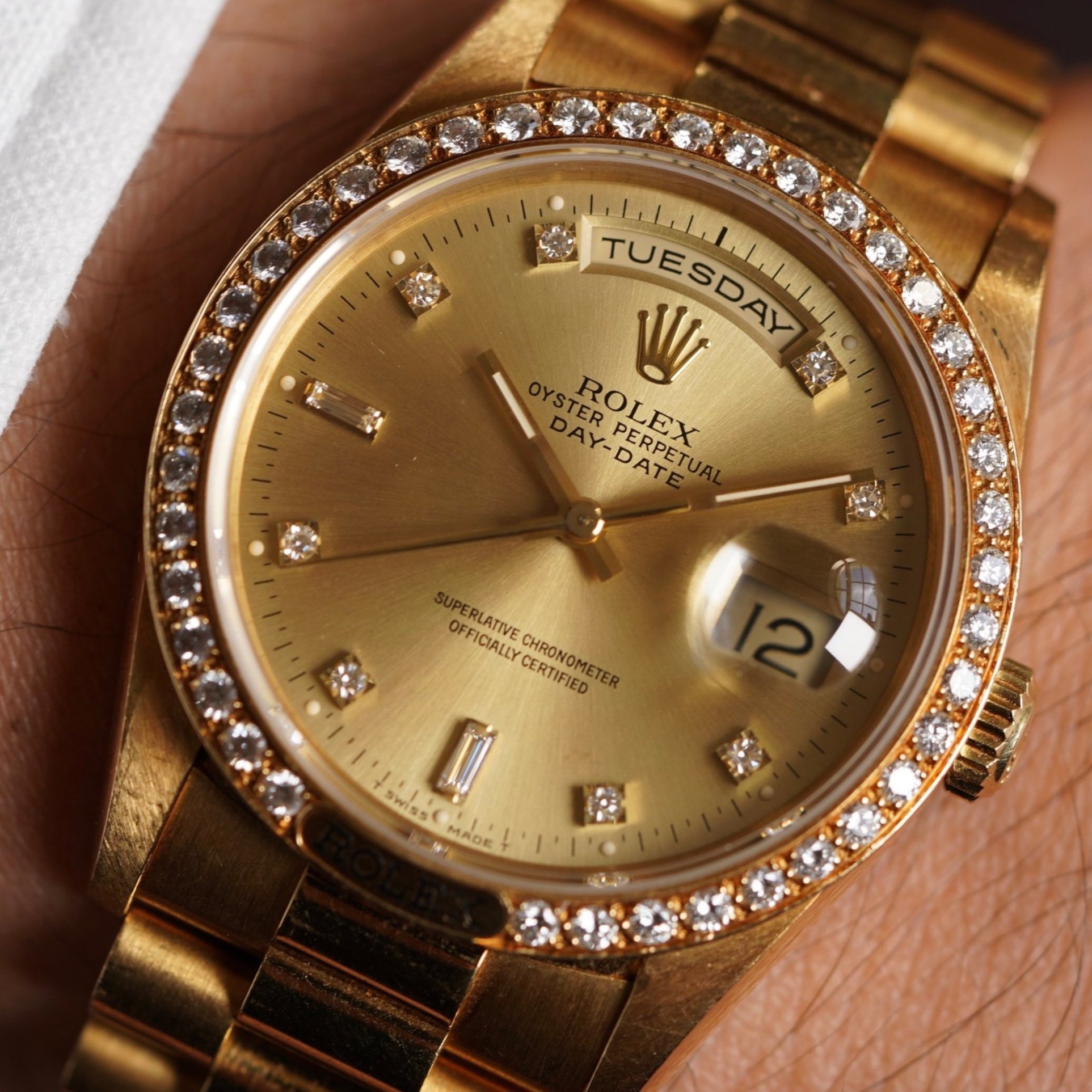 Rolex Day-Date Diamond Dial and Diamond Bezel Reference 18238 in 18K Yellow Gold Unpolished w/ Box