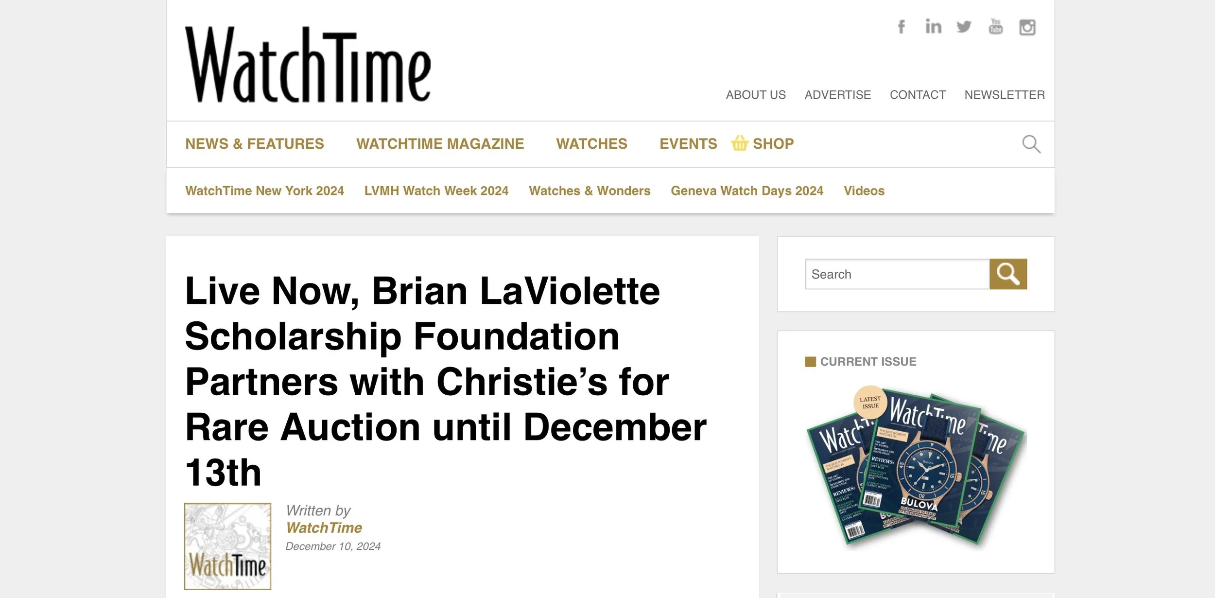 WatchTime: Eric Wind Cited in The Brian LaViolette Scholarship Foundation