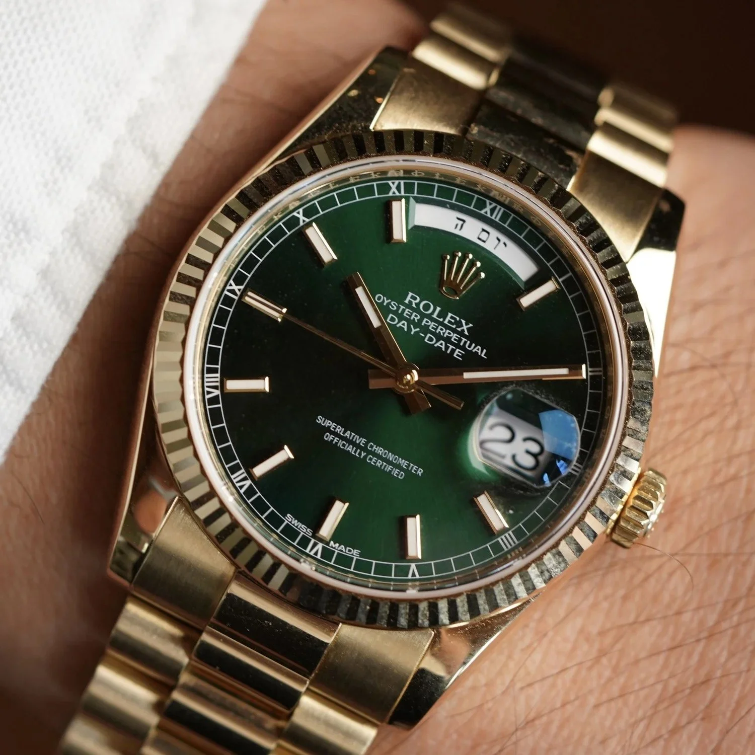 Rolex Green Dial Hebrew Day-Date Reference 118238 in 18K Yellow Gold w/ Card