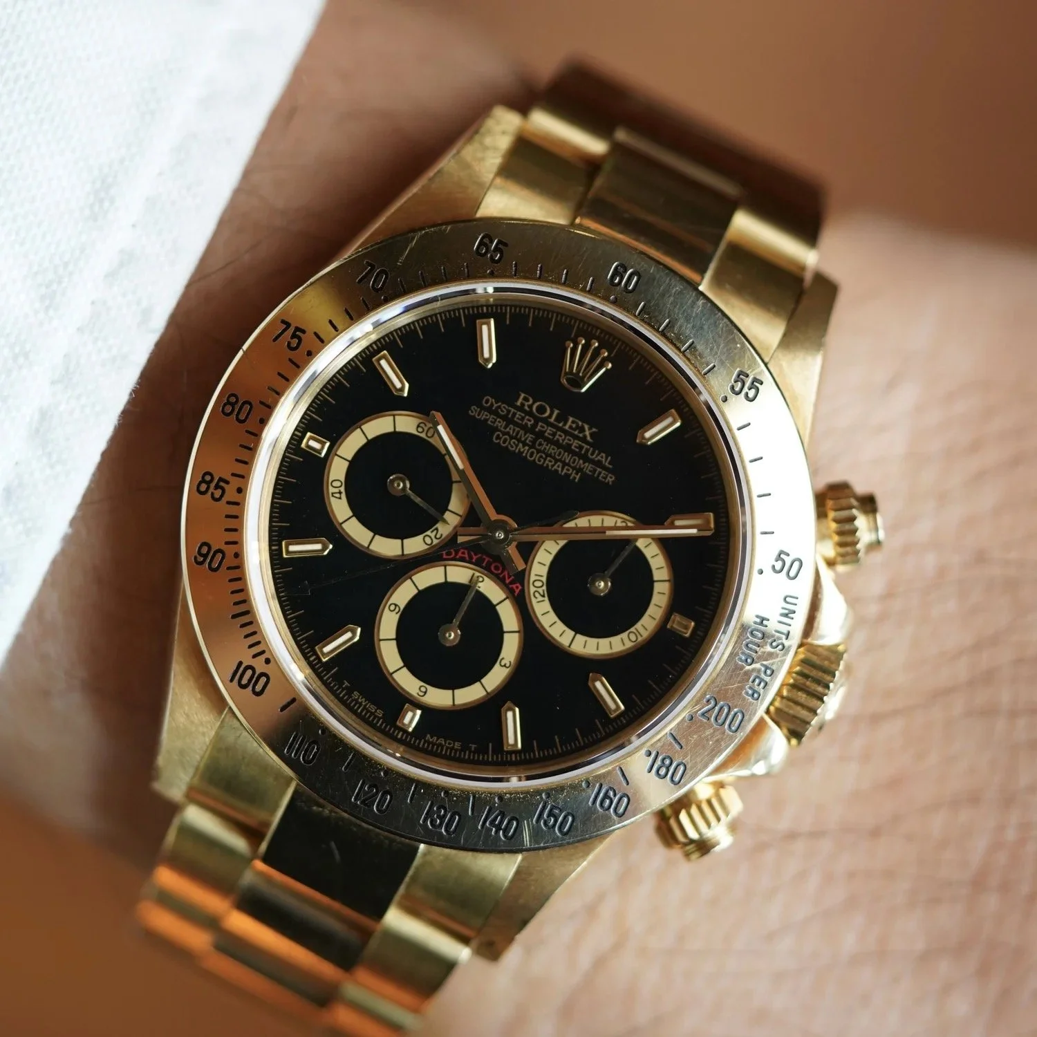 Rolex Four Line Black Dial Zenith Daytona Reference 16528 in 18K YG Unpolished