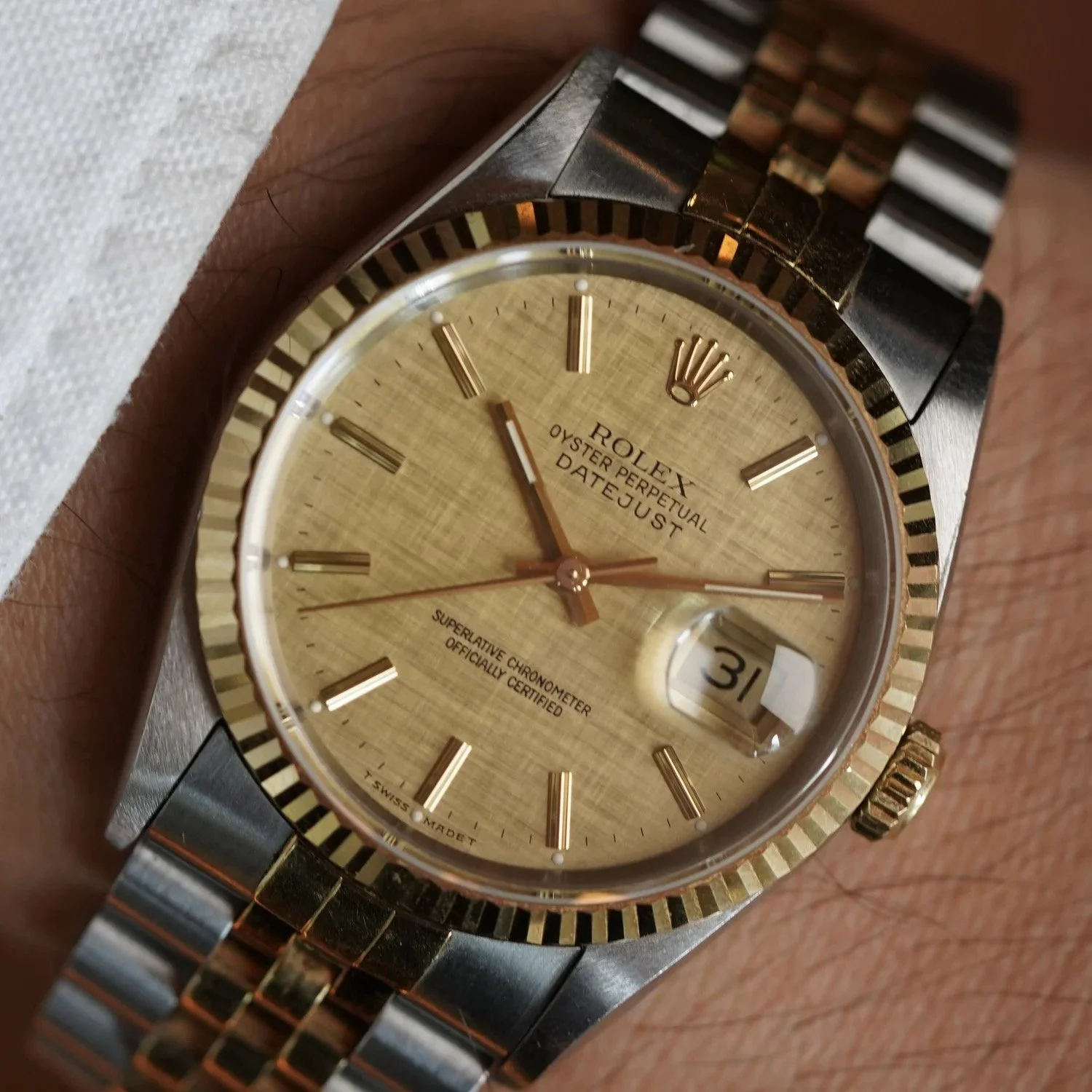 Rolex Two-Tone Linen Dial Datejust Ref. 16233 Unpolished w/ Papers and Hangtag