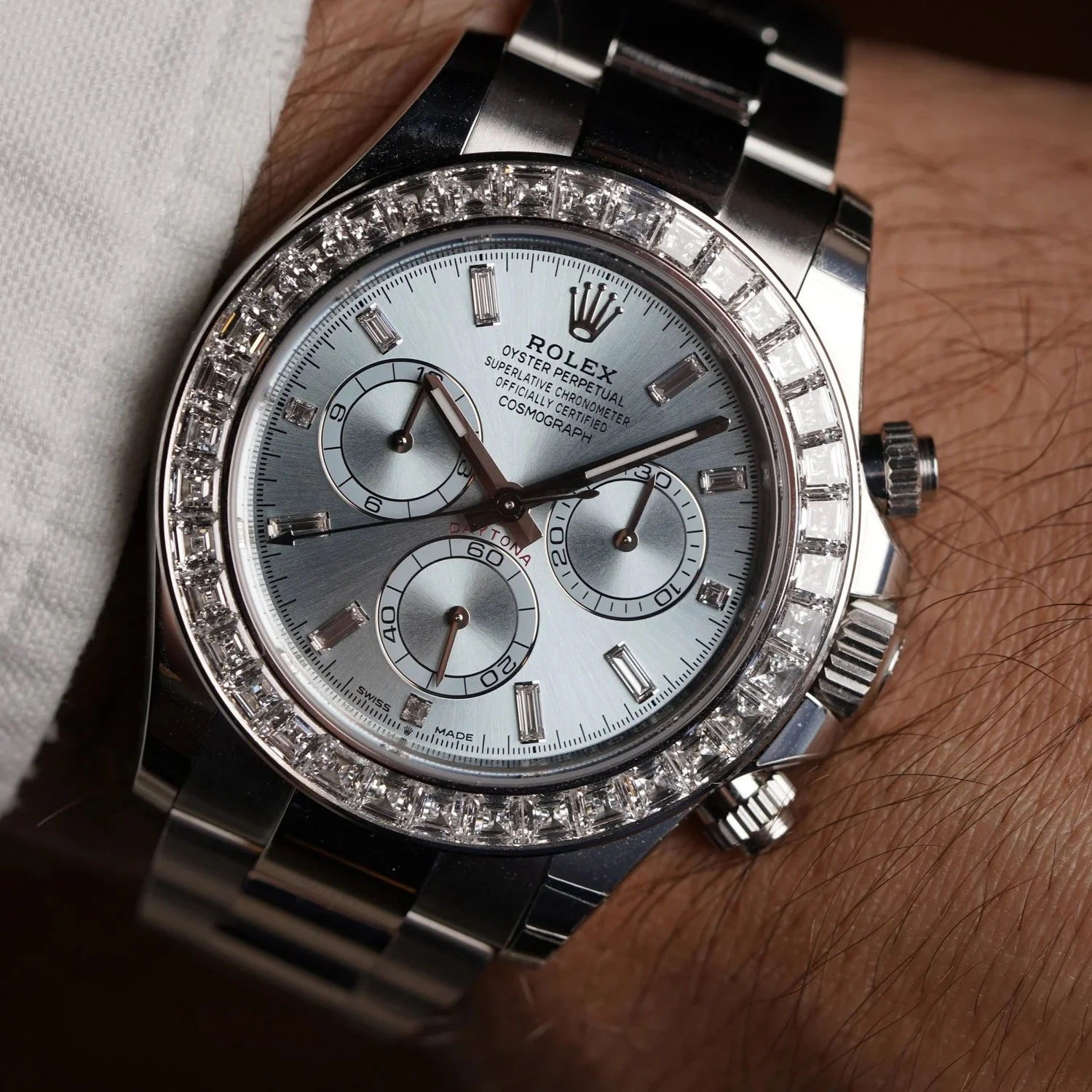  Rolex Ice Blue Daytona Reference 126576TBR in Platinum w/ Diamond Bezel Full Set Stickered New