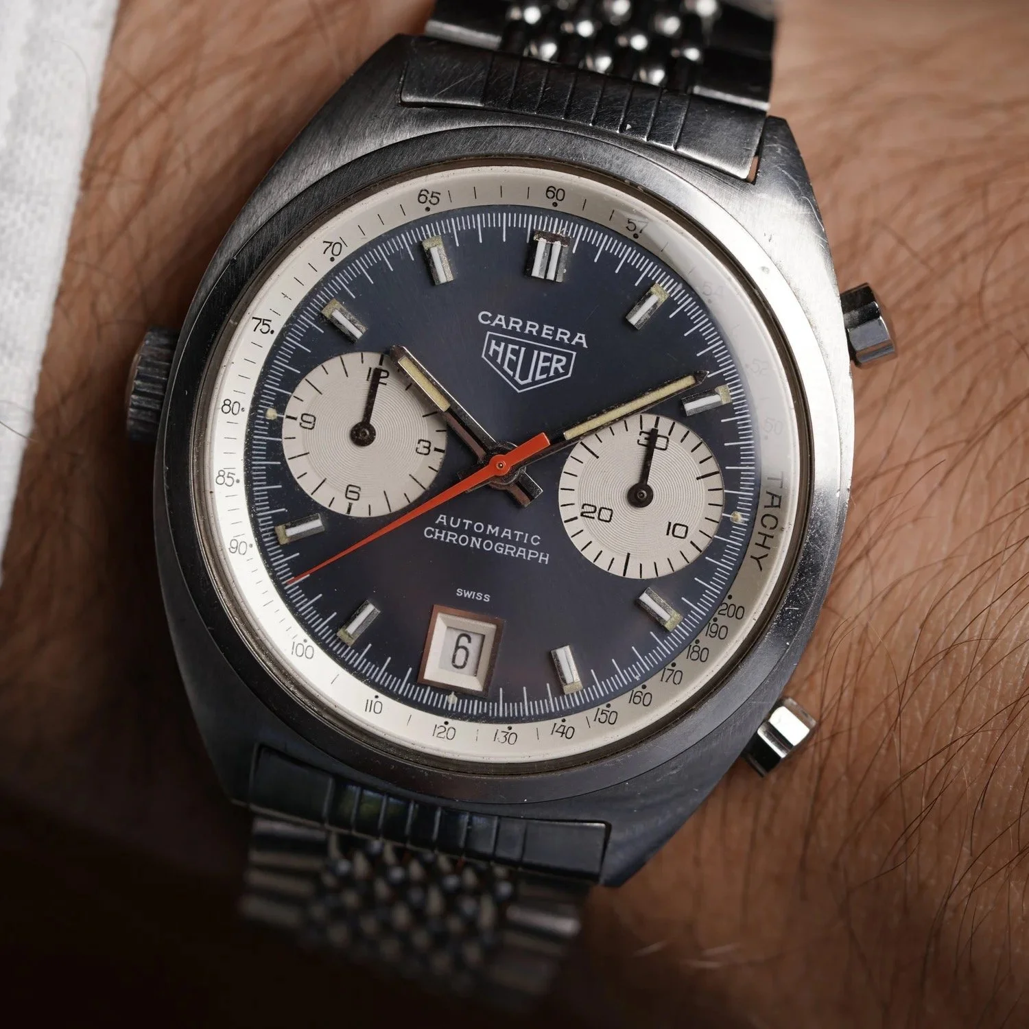 Heuer Carrera 1153 Blue/Grey Dial on Gay Frères Bracelet Unpolished