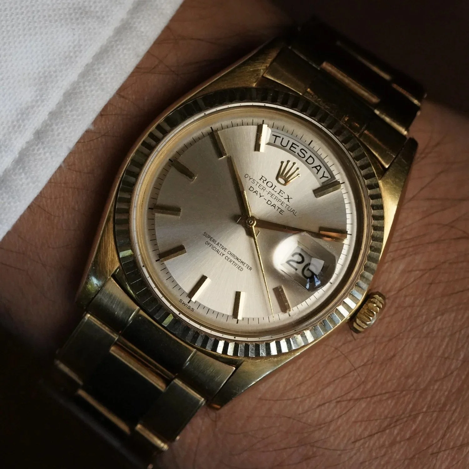 Rolex Non-Luminous Day-Date Cigarette Hands Reference 1803 on Rivet Bracelet in 18K YG Unpolished