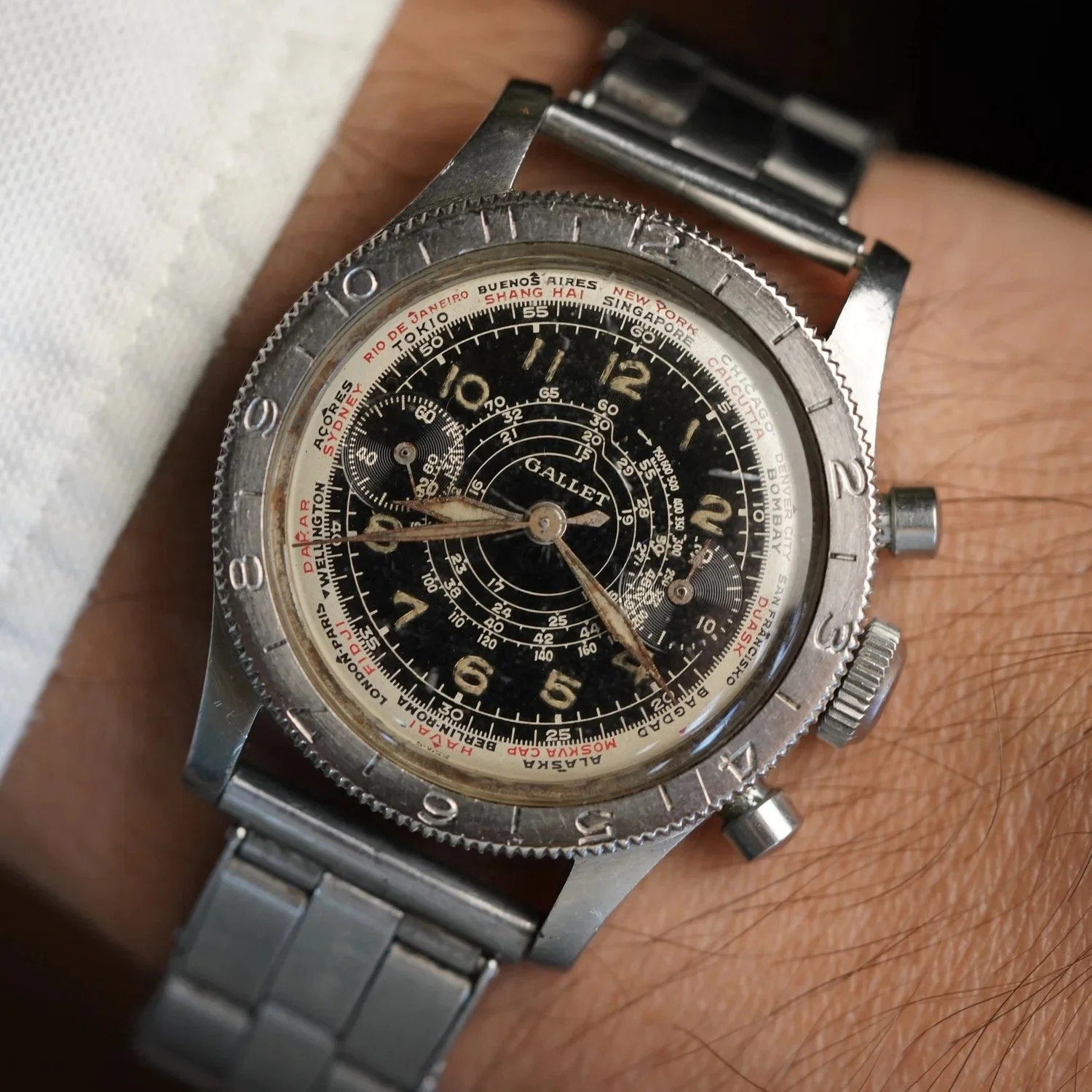 Gallet Flying Officer Chronograph on Gay Frères Stretch Rivet Bracelet Unpolished