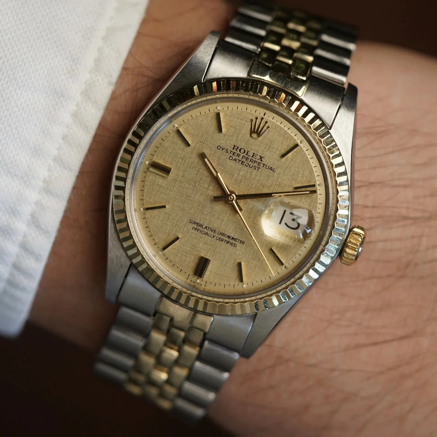 Rolex Two-Tone Datejust Champagne Linen Reference 1601 Full Set