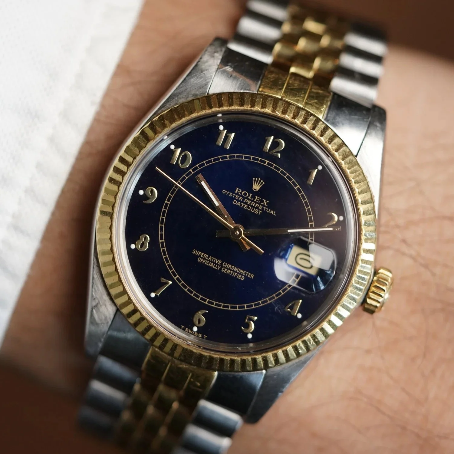Rolex Two-Tone Datejust Blue Boiler Gauge Dial Reference 16013 w/ Papers and Hangtag