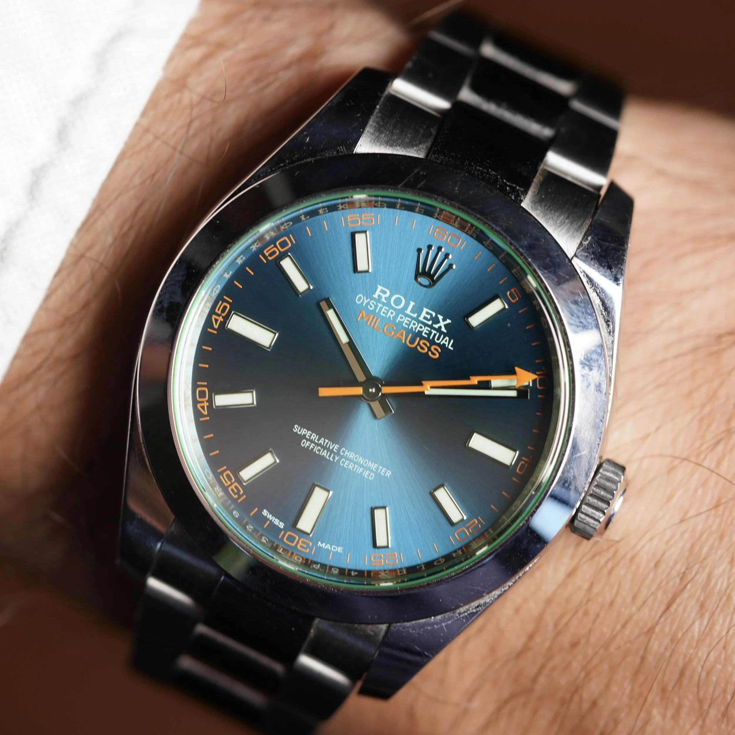 Rolex Milgauss Reference 116400GV Blue Dial Green Crystal Unpolished Full Set