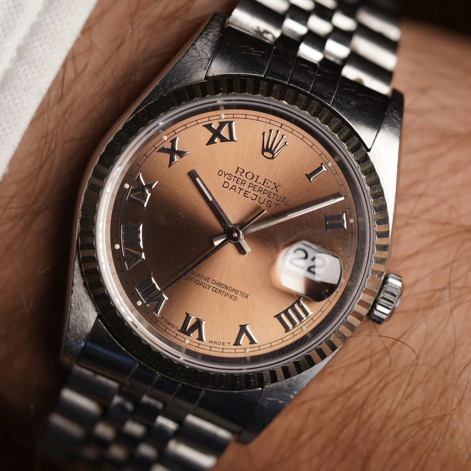 Rolex Salmon Copper Roman Numeral Datejust Reference 16234 Unpolished