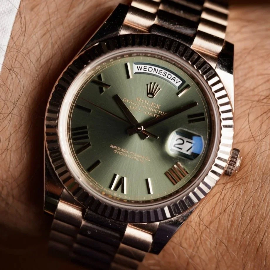 Rolex Day-Date 40 Everose w/ Green Dial Reference 228235 Full Set Unpolished