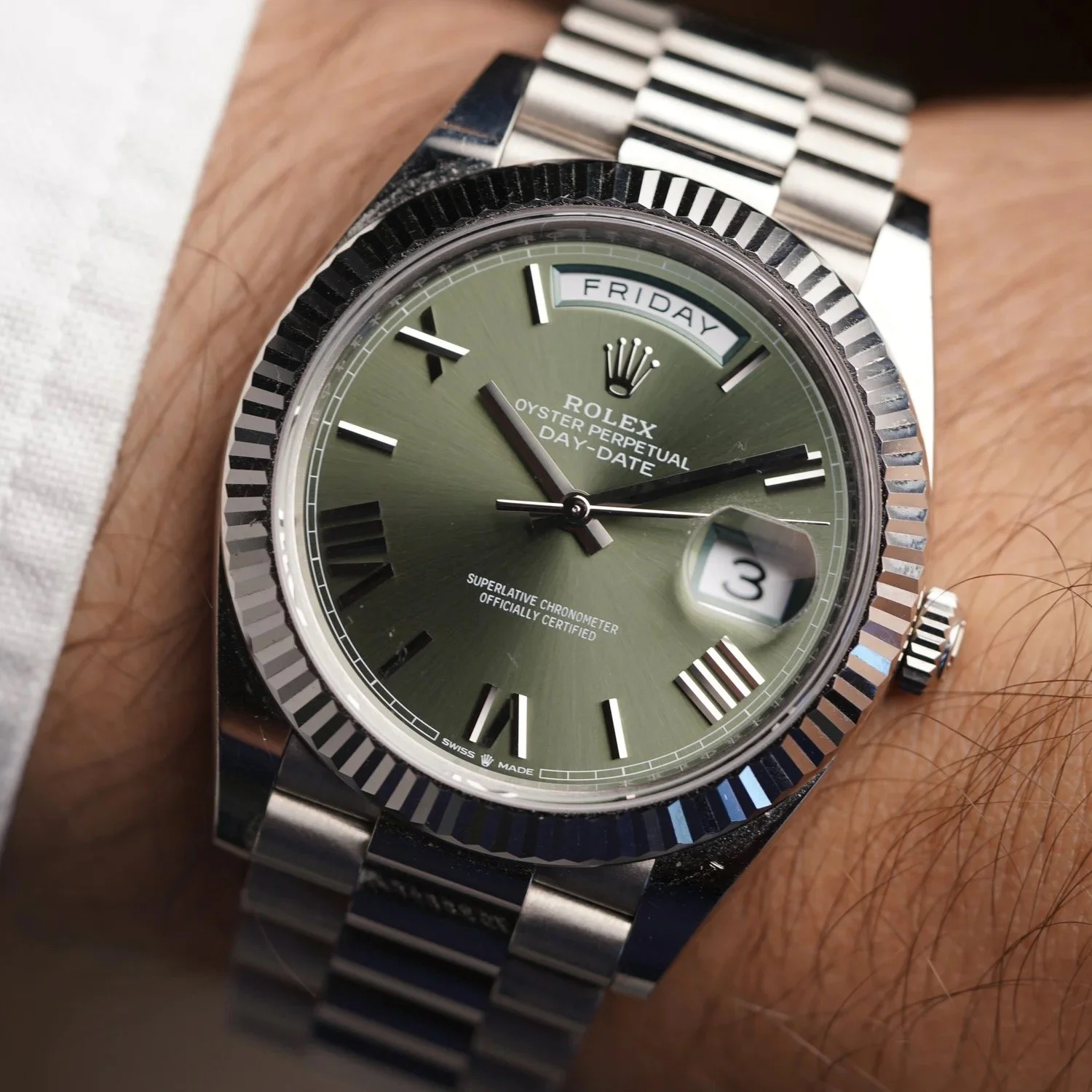 Rolex Day-Date Green Dial Ref. 228239 in 18K WG Unpolished w/ Box &amp; Papers