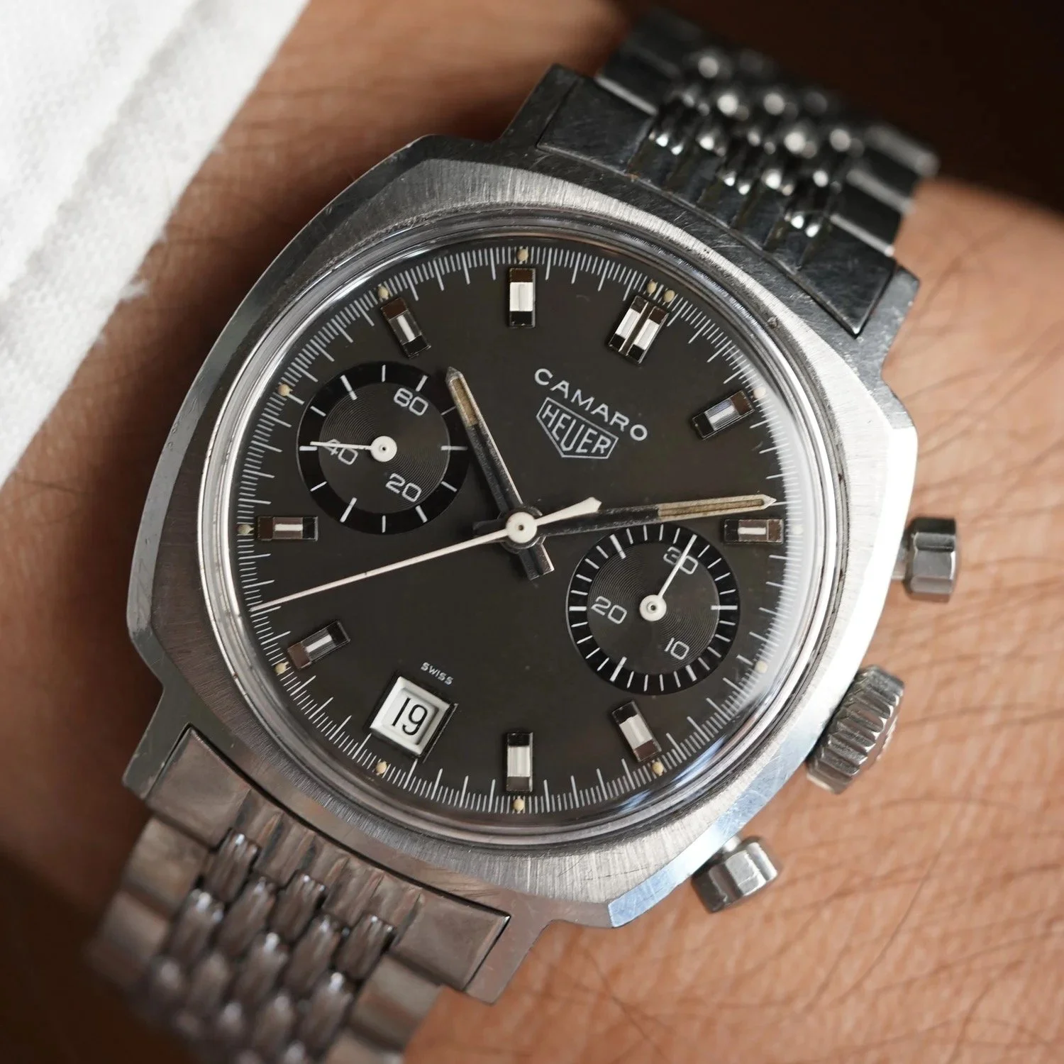 Heuer Camaro Reference 7843 N on Gay Freres Bracelet Unpolished