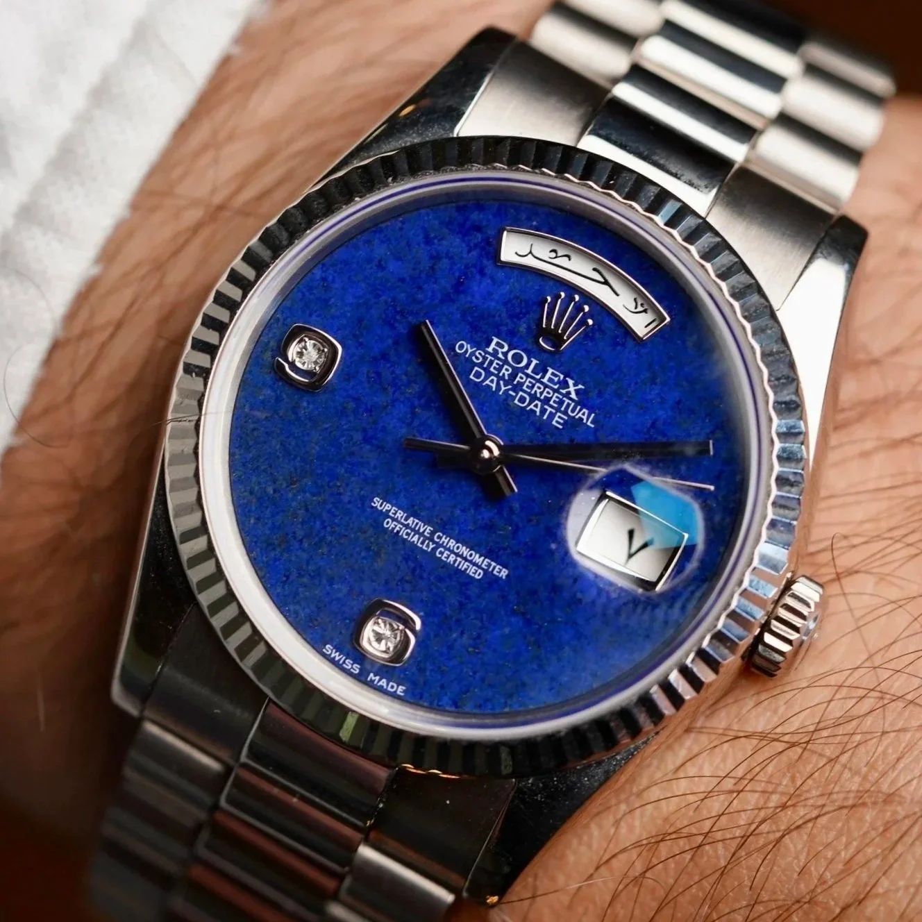 Rolex Lapis Diamond Dial Day-Date Reference 118239 Arabic in 18K White Gold w/ Papers &amp; RSC Card