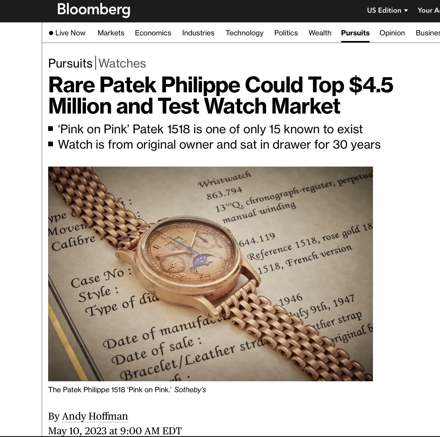 Bloomberg: Eric Wind Quoted on Patek Philippe Reference 1518R