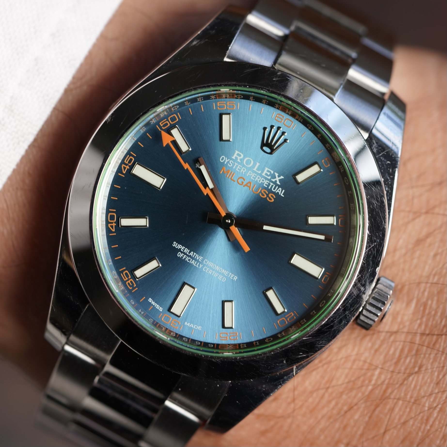 Rolex Milgauss Reference 116400GV Blue Dial Green Crystal Unpolished ...