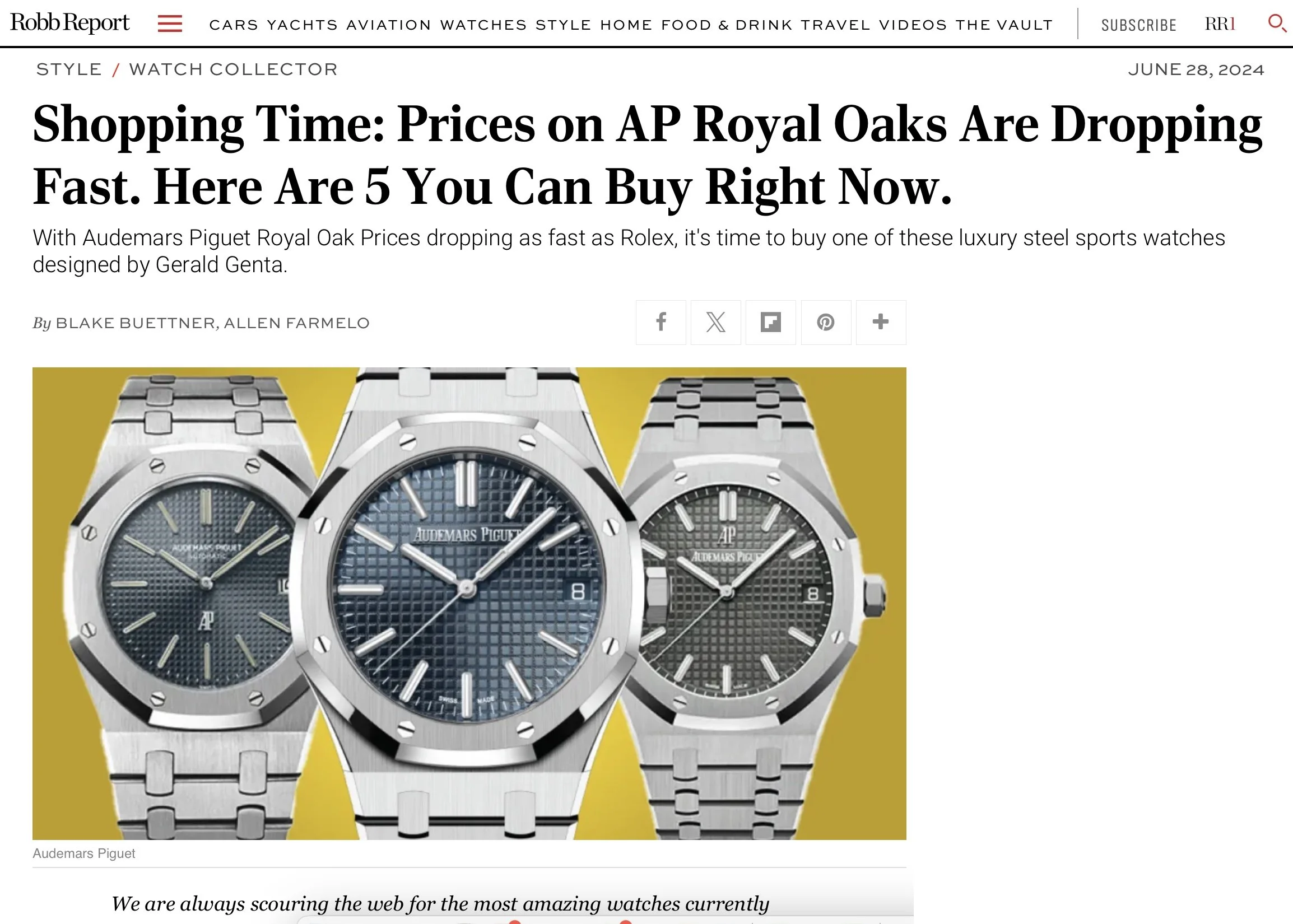 Robb Report: Eric Wind Quoted On Audemars Piguet Royal Oaks