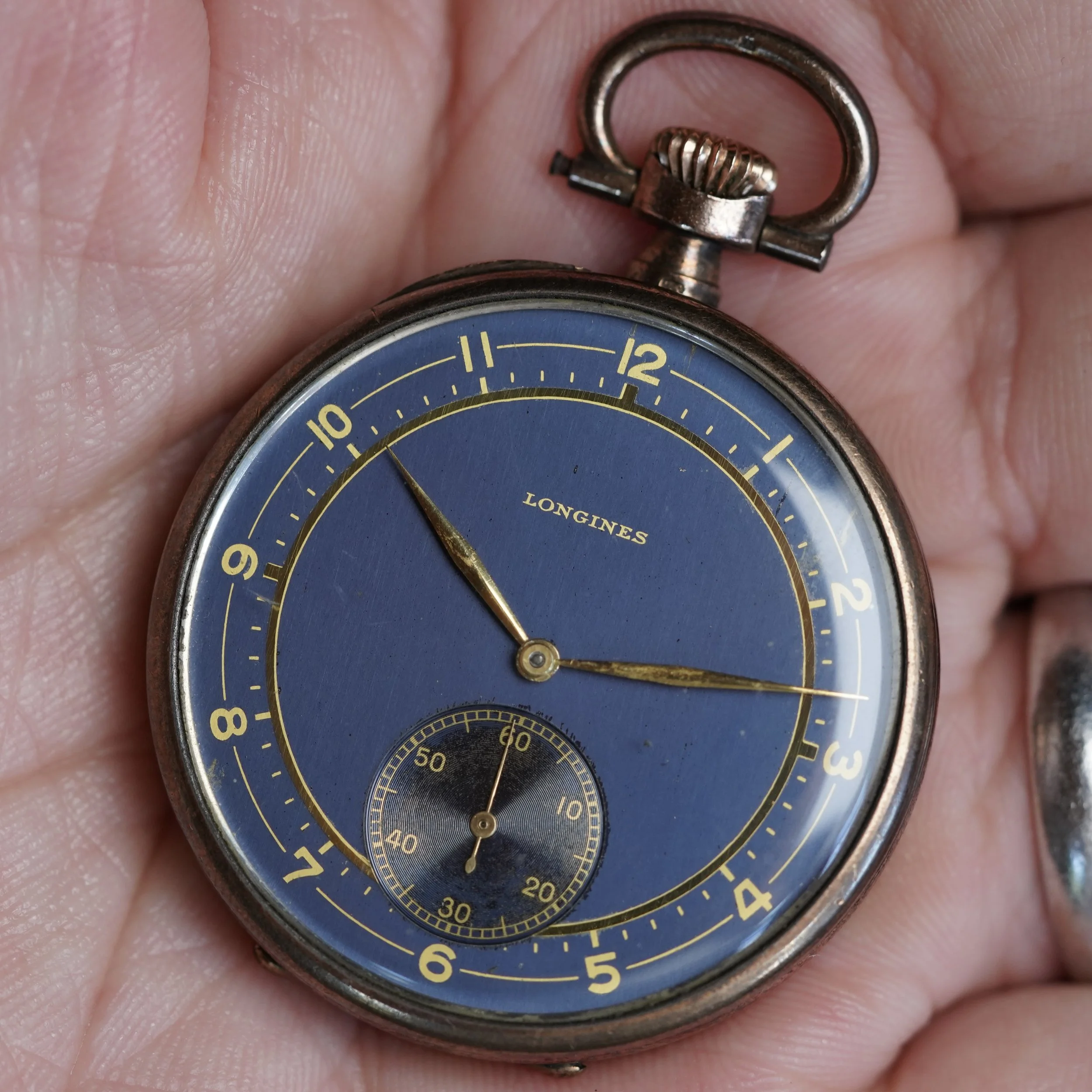 Longines Pocket Watch w/ Blue Gilt Dial Blue Niello Case Unpolished w/ Extract