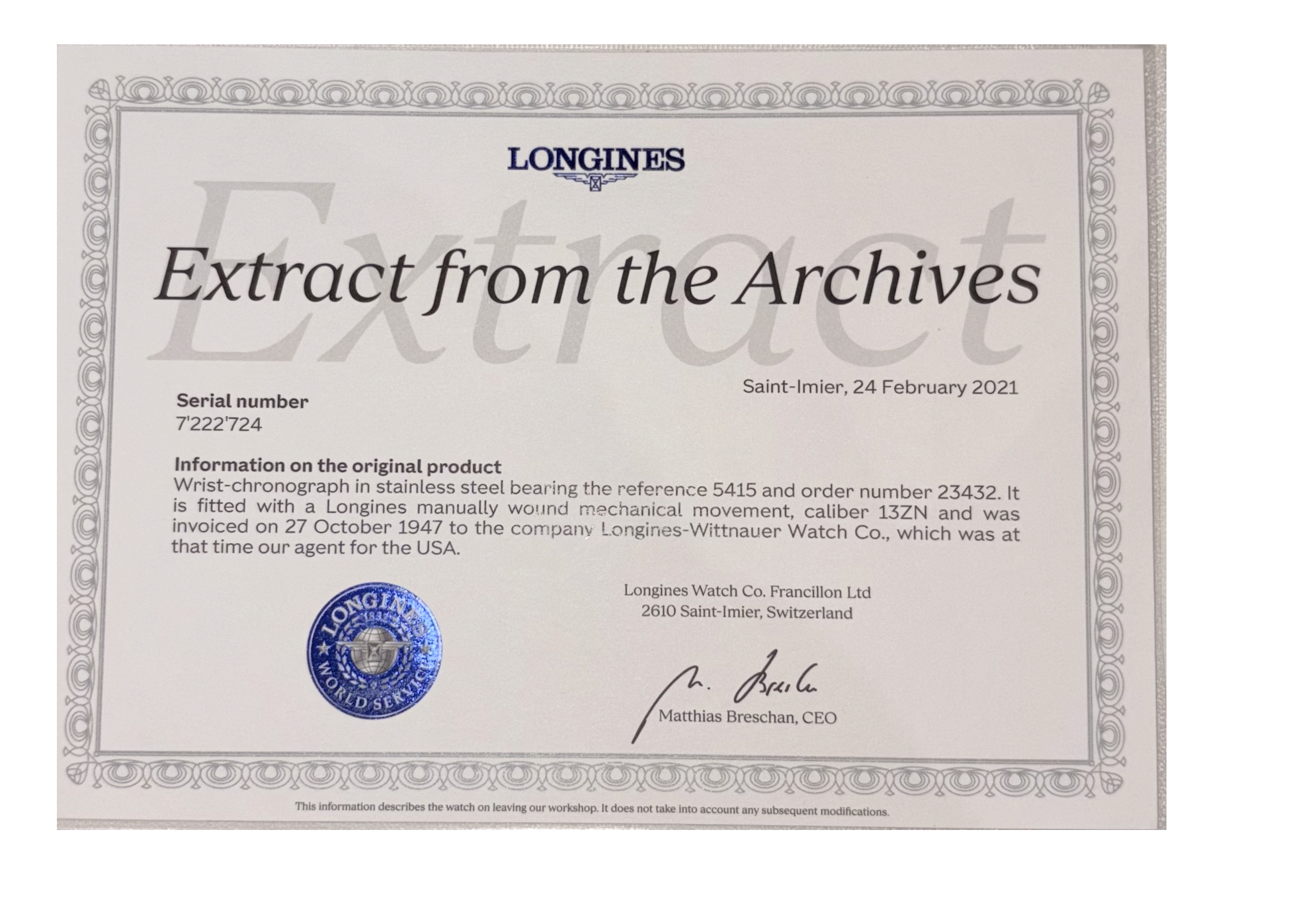 Pictured Longines archive extract for reference 5415, reproduced in the exact dealer listing. Invoice date identifies this specimen, not its complete production span or later components. · Photo: Wind Vintage · © Wind Vintage, used with permission · Source: https://www.windvintage.com/longines-13zn-chronograph-reference-5415-w/-extract