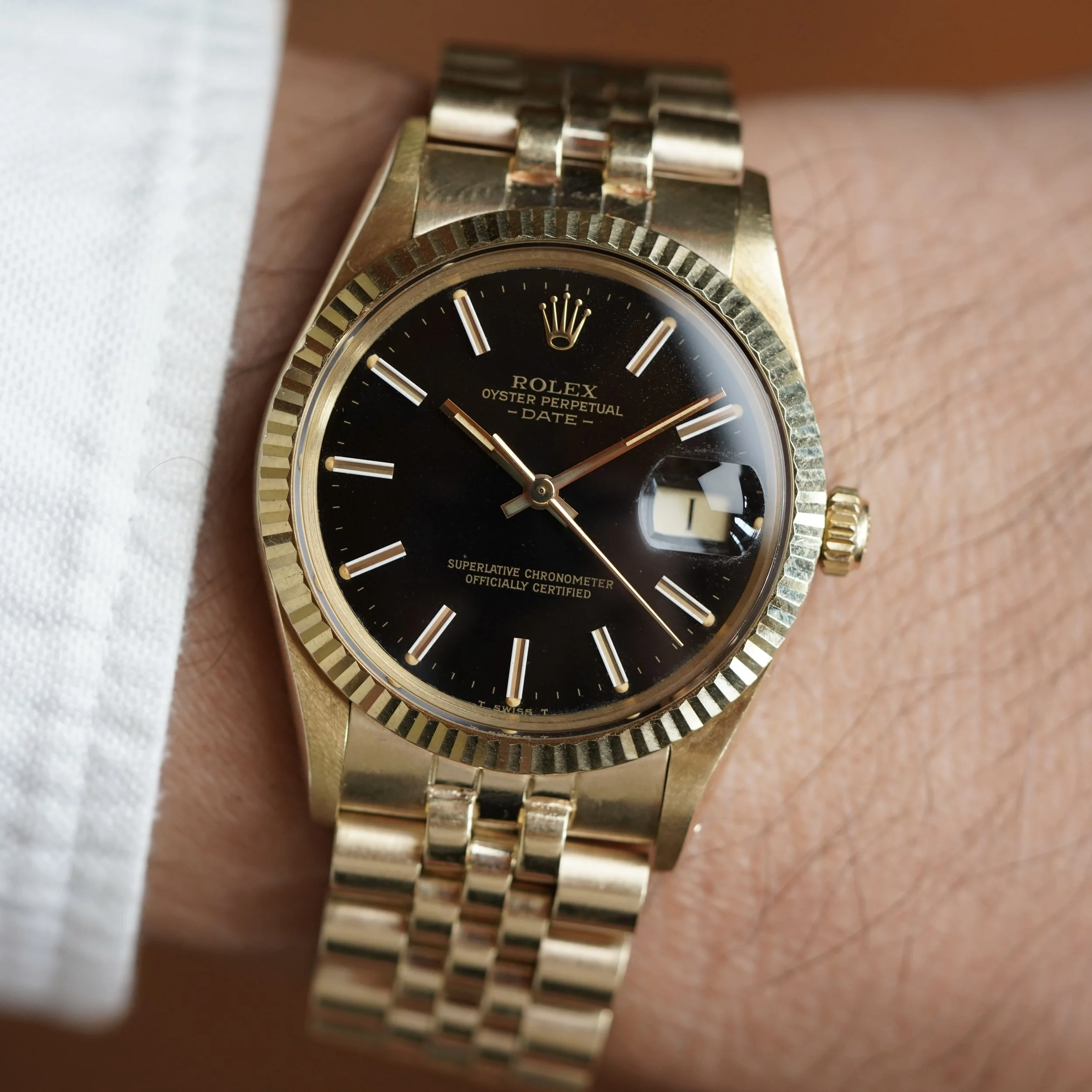 Rolex Black Dial Date Reference 15037 in 14K Yellow Gold Unpolished
