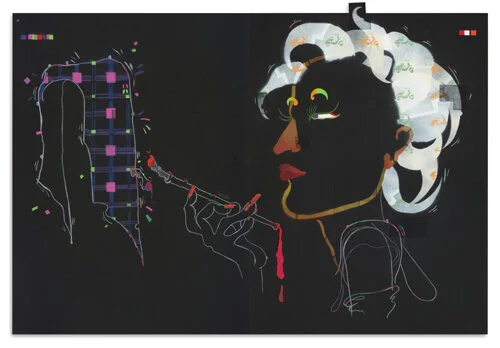 Oona Grimes, roman sKandals, 2018, spray paint, collage and coloured pencil on paper, 75x110cm. Image courtesy the artist and Danielle Arnaud, London.