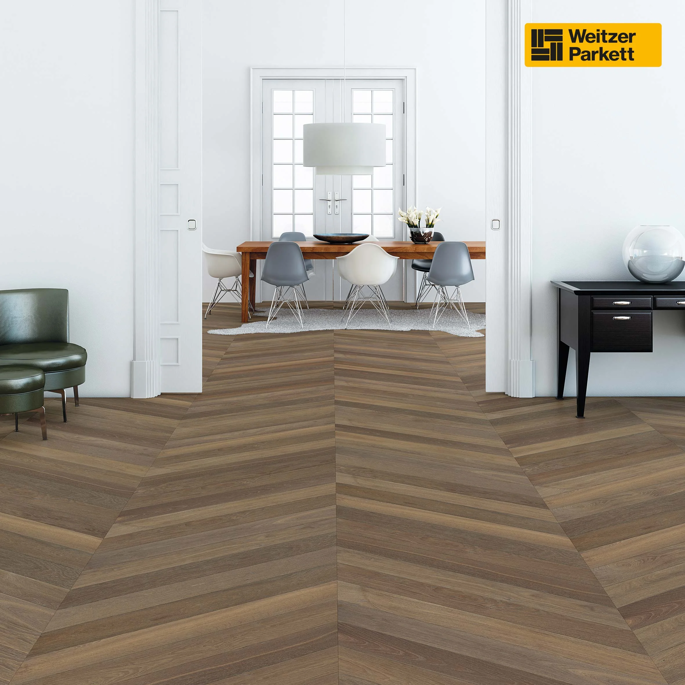 Weitzer Parkett, WP 4100, Oak Trüffelgrau, Calm, bevelled, ProVital finish (oljet) lagt i Chevron mønster (fransk fiskeben).
