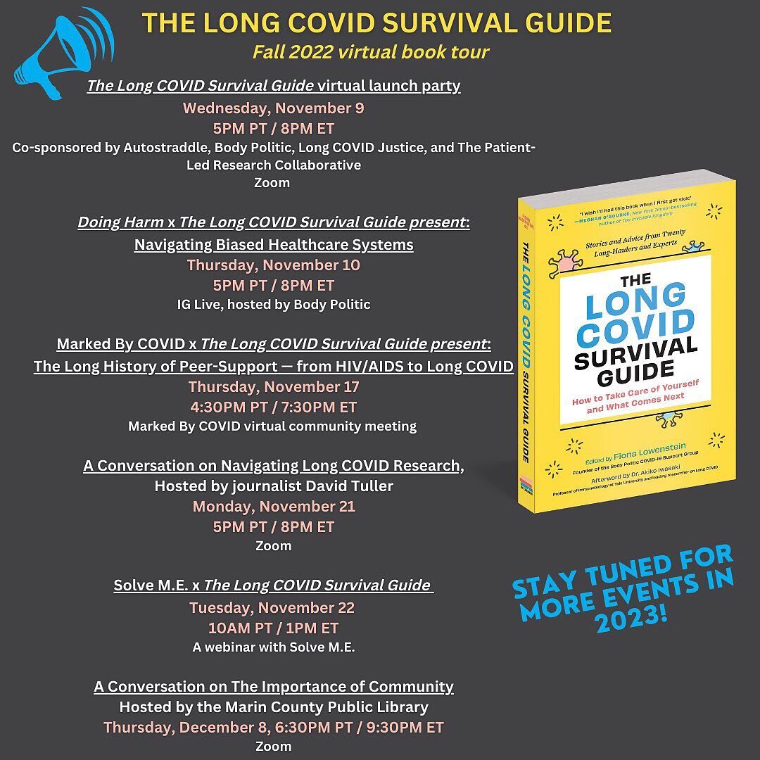 Check out these upcoming virtual events for The #LongCovid Survival Guide! Stay tuned for more info on our IG Live with @angelamswinca @mayadusenbery @chimereladawn and @karlitaliliana