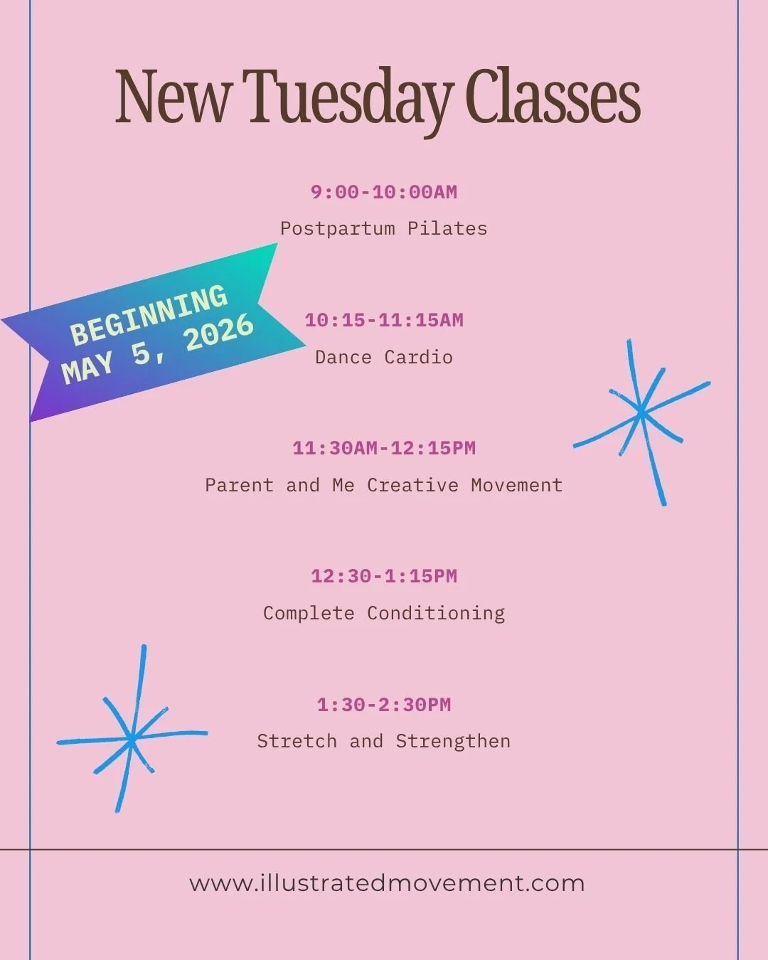 Excited to announce that we are offering daytime classes!!!! Miss. Cass will be teaching all of our day time adult (or adult with child) classes starting May 4th. E-mail info@illustratedmovement.com for full details.