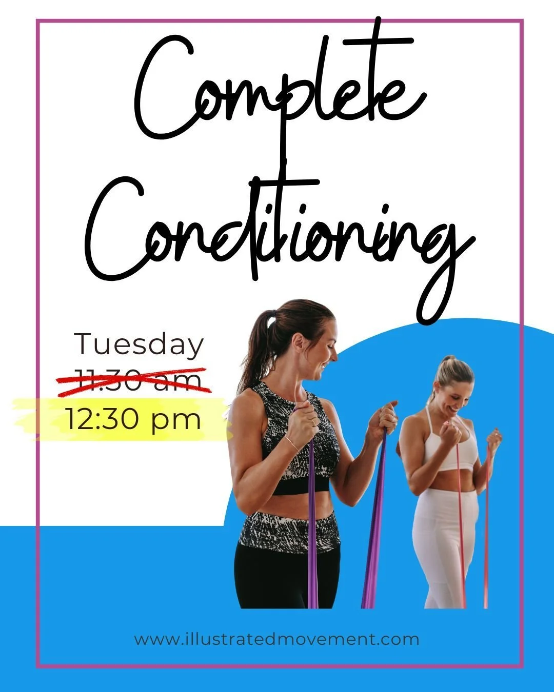 whoops! We made a mistake on yesterday's post, our complete conditioning class is actually on Tuesdays 12:30-1:15pm starting Tuesday, May 5th!

Come join us for a full body conditioning class where you can sweat it out in a supportive environment. Th