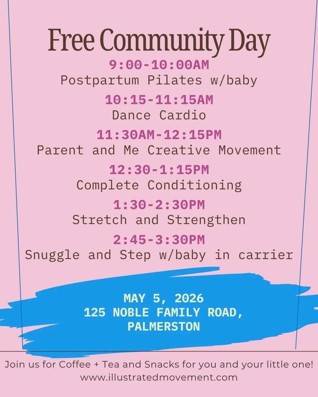3 Days to go!!!

We're so excited that there are only 3 days until our next Community Day.  We're going to have some amazing homemade snacks, glitter tattoos, coffee + Tea, and of course some amazing exercise classes!

Please join us for any of these