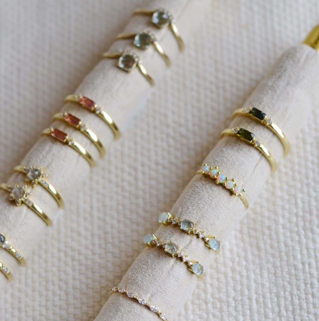 ✨The cutest stacking rings! Genuine stones, gold plated. A perfect little bling to add to your collection. 
Available in shop &amp; online. 

 #jewelryinstoughton #dunejewelry #styledatdune #shoppinginstoughton #stoughtonwi #dunestyle #jewelrytrends