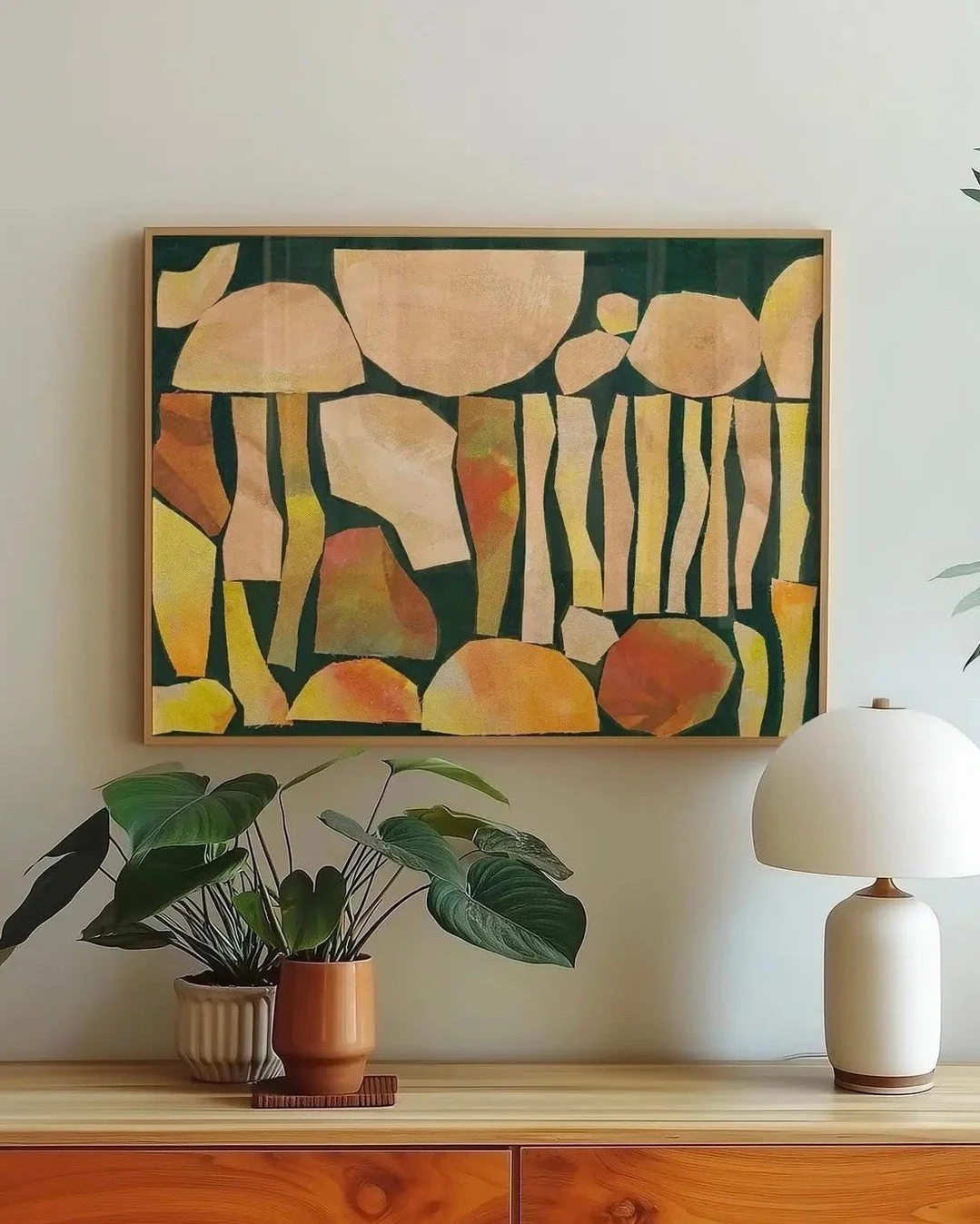 El Baker Art ~ 
Enhance your living space with this Abstract Forest Landscape wall print. Featuring organic shapes and vibrant colors of green, orange, and yellow, this midcentury modern decor brings a touch of nature to your home. 
Print available i