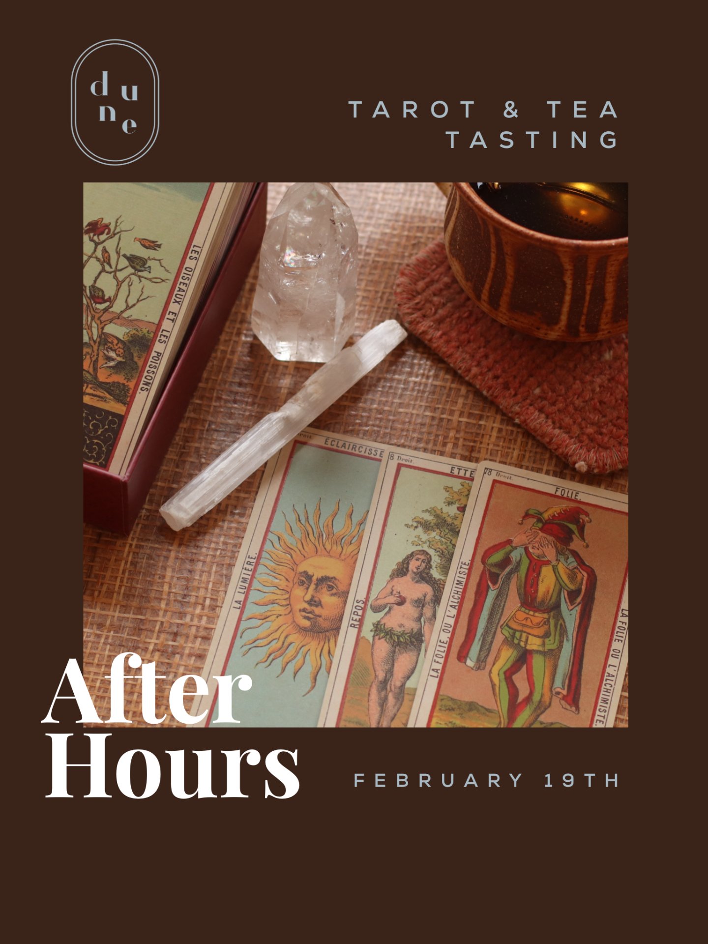 EMILY IS BACK by Popular Demand! 
We are opening after hours to get together with you, our community! Join us for this energetic aligning evening here at Dune Thursday February 19th from 6-8pm. Open house to shop and sip tea!

To Book your 10-15 minu