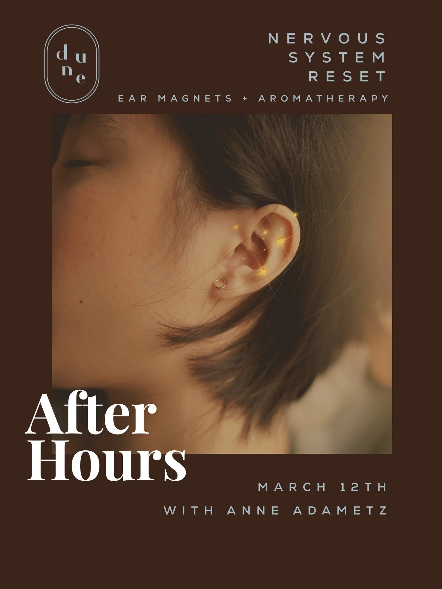 The world is loud. This is a quiet place to land. ​Join Anne Adametz, Acupuncturist, Yoga Therapist for regulating and peace, experience nervous system reset with ear ​magnet. (like tiny jewel-bandaids for your ears to calm your being)
Aromatherapy. 