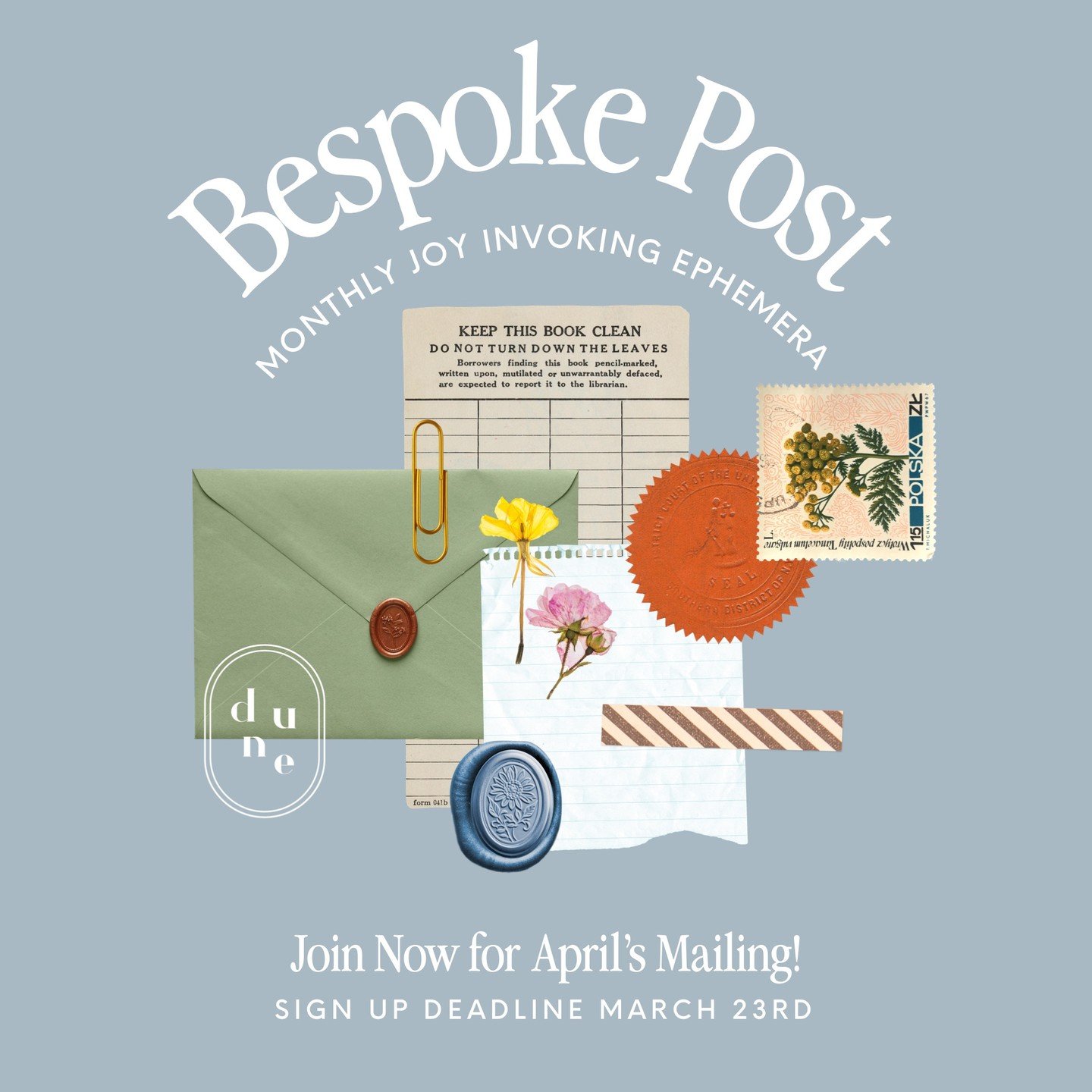 🥳🐌💌 INTRODUCING Dune&rsquo;s Bespoke Post is a monthly mail subscription! 

Each month you will receive a thematically curated bundle of joy evoking ephemera! 

Each bundle is guaranteed  to include a blank greeting card or post card to keep or se